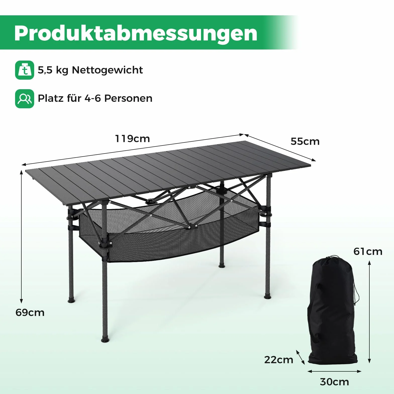 COSTWAY Składany stół kempingowy, 119 x 55 cm, z zwijanym blatem aluminiowym i koszem z siatki, składany stół obciążający do 100 kg, w zestawie torba do przenoszenia, na kemping, do ogrodu (czarny)