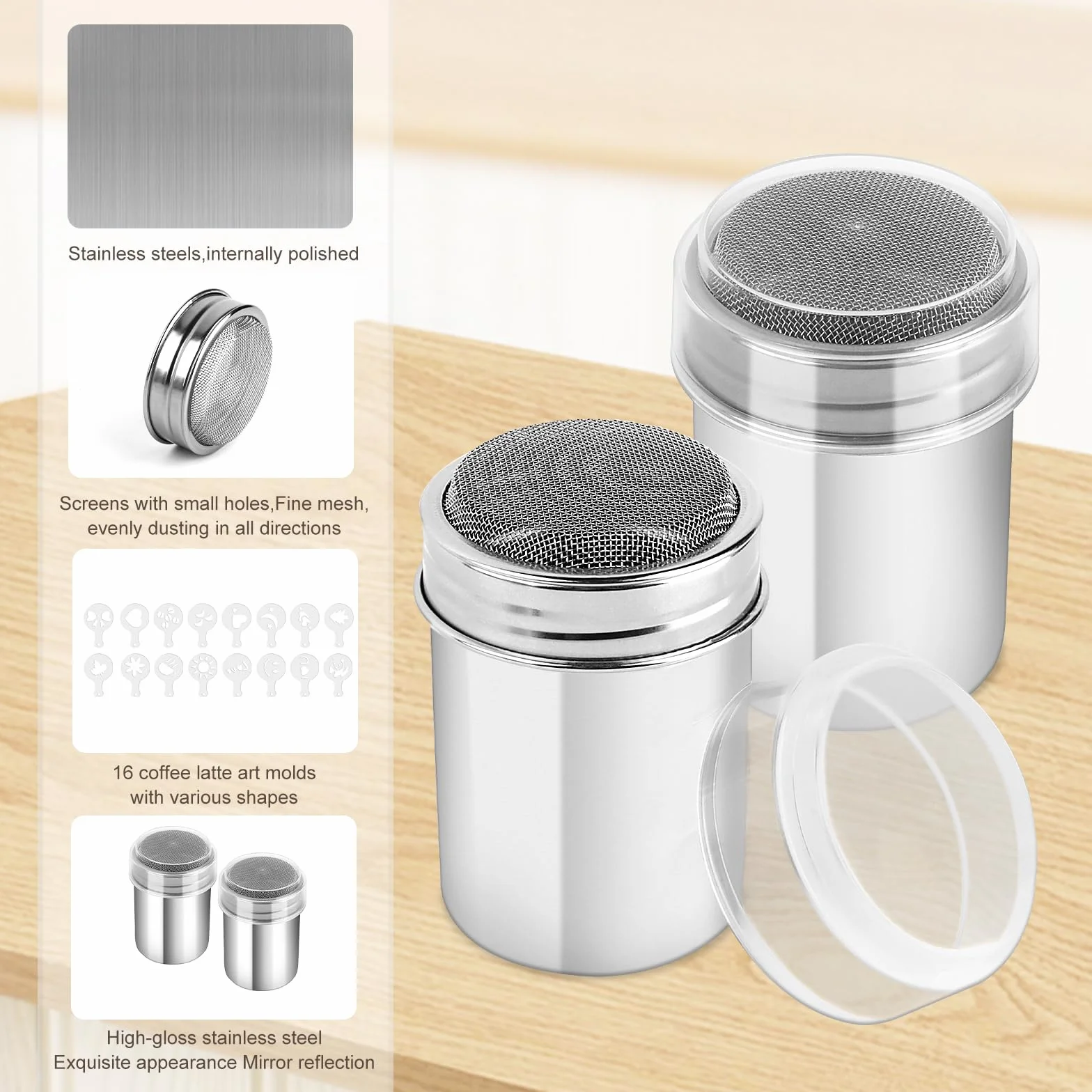 2 szt. Shaker do proszku ze stali nierdzewnej - Shaker z siatki do kakao, kawy, cappuccino - z pokrywką na czekoladę, rozpraszacz do cukru