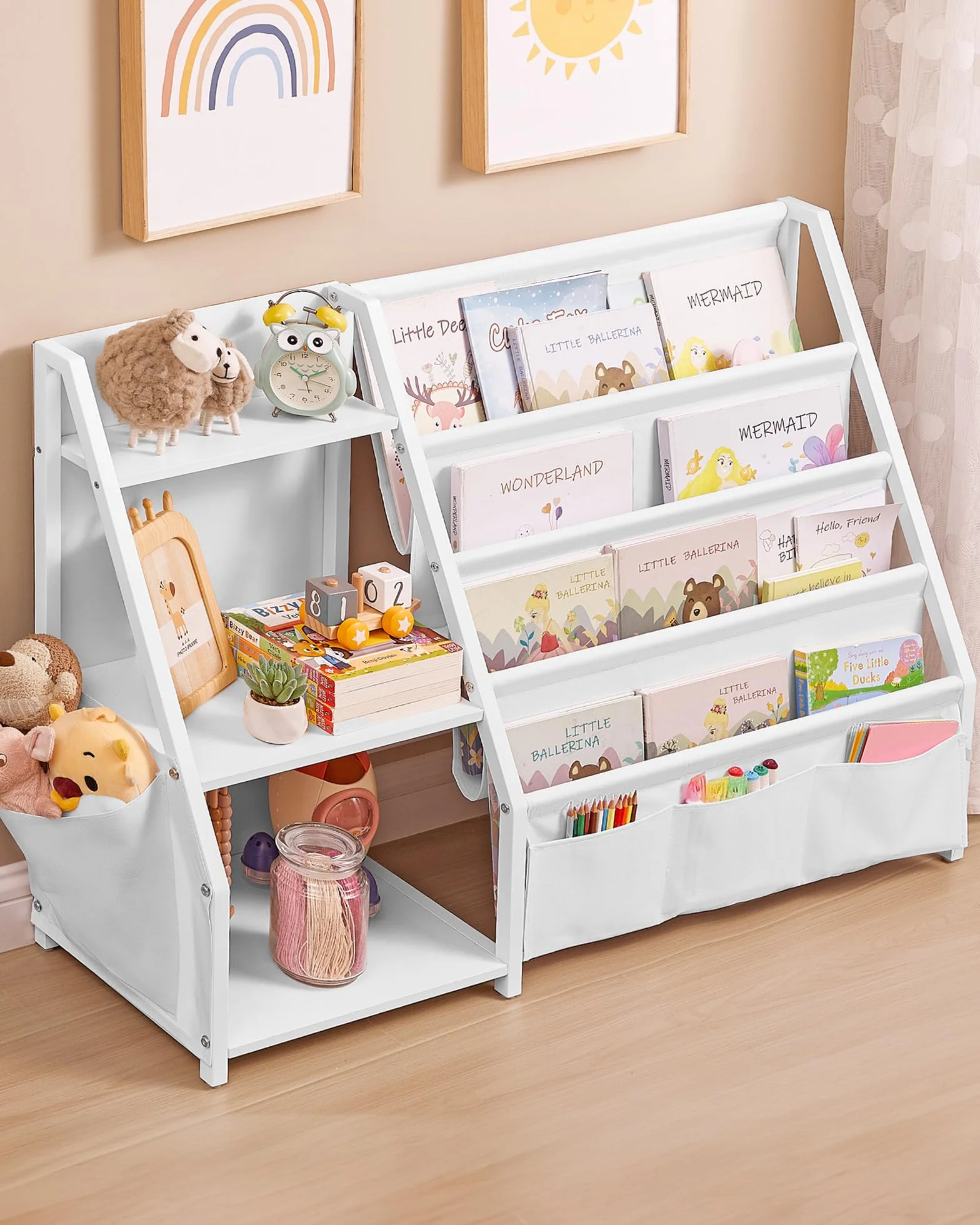 SONGMICS Regał dla dzieci, szafka do przechowywania zabawek, organizer na książki, z kieszenią boczną, wysokość 75 cm, do pokoju dziecięcego, pokoju zabaw, biały GKR024W01