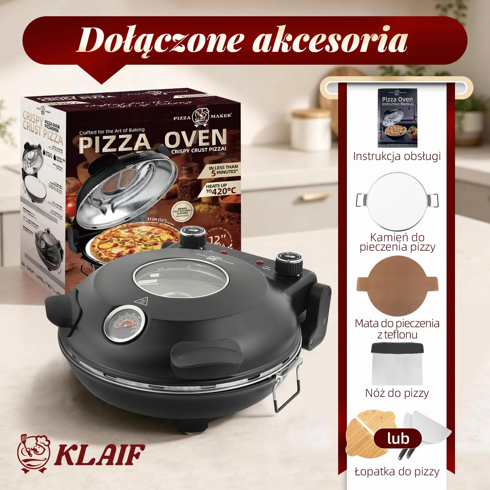 KLAIF Piec elektryczny do pizzy do blatu roboczego z kamieniem ceramicznym 31 cm, dwiema regulowanymi regulatorami temperatury, w zestawie 4 narzędzia do pizzy, LMR-czarny