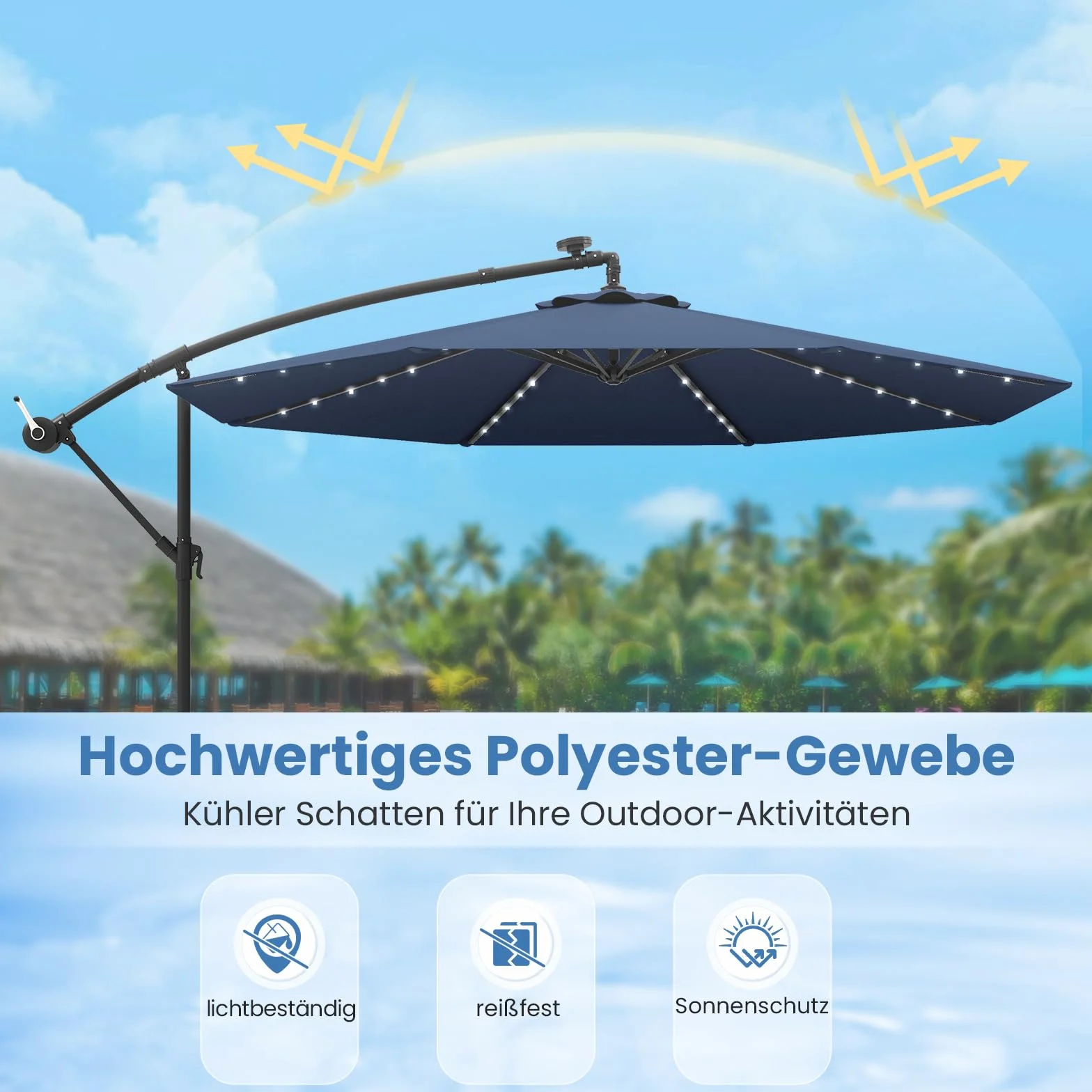 COSTWAY Parasol przeciwsłoneczny ze stojakiem i diodami LED, Ø 300 cm, z korbą, parasol ogrodowy, ochrona przed promieniowaniem UV, parasol na taras, do ogrodu, na basen, taras (niebieski)