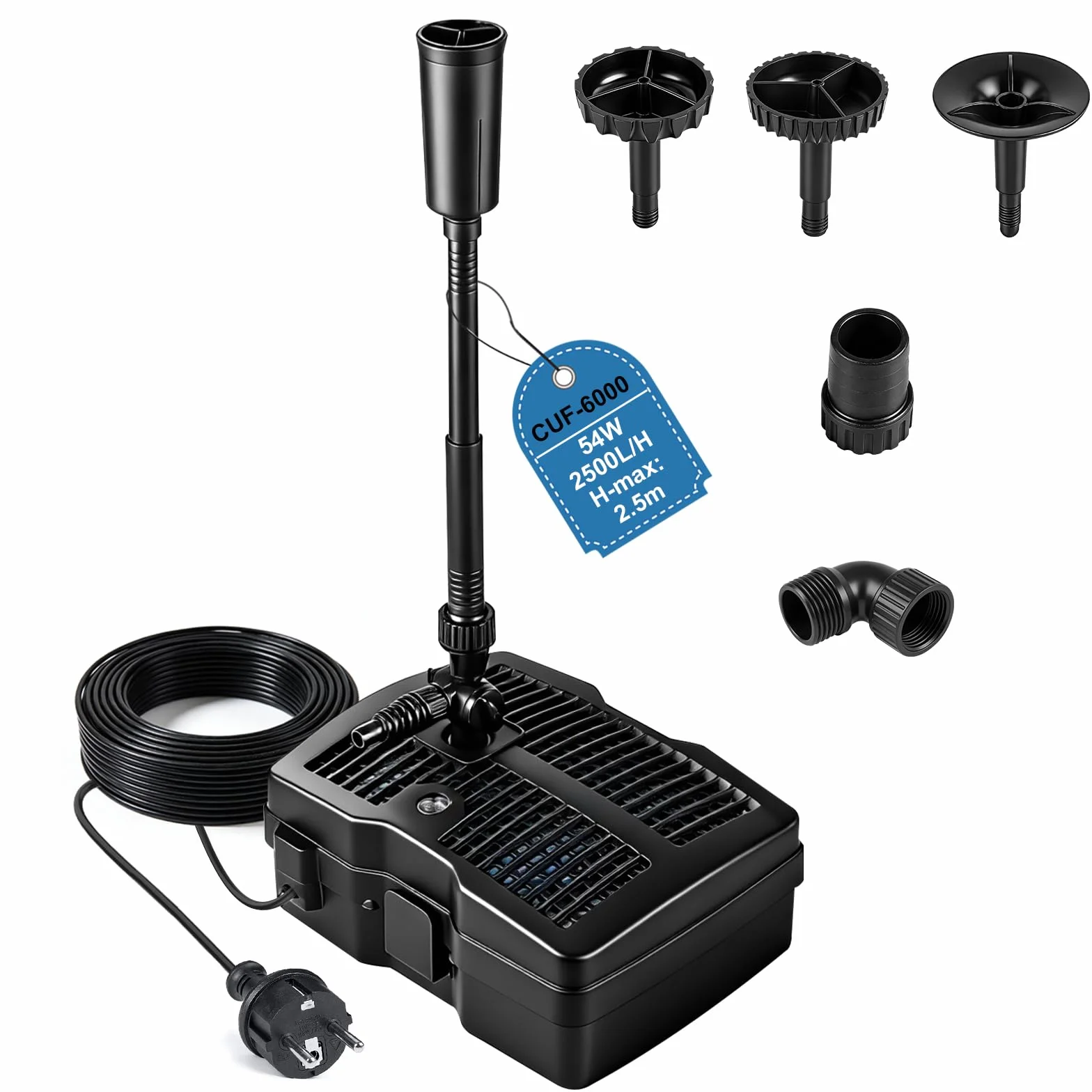 EXLECO Pompa do oczka wodnego zewnętrzna z lampą UV, 2500 l/h, 54 W, filtr do oczka wodnego, kompletny zestaw z pompą, 3 nasadki fontannowe, materiał filtrujący, pompa do fontanny z filtrem, pompa