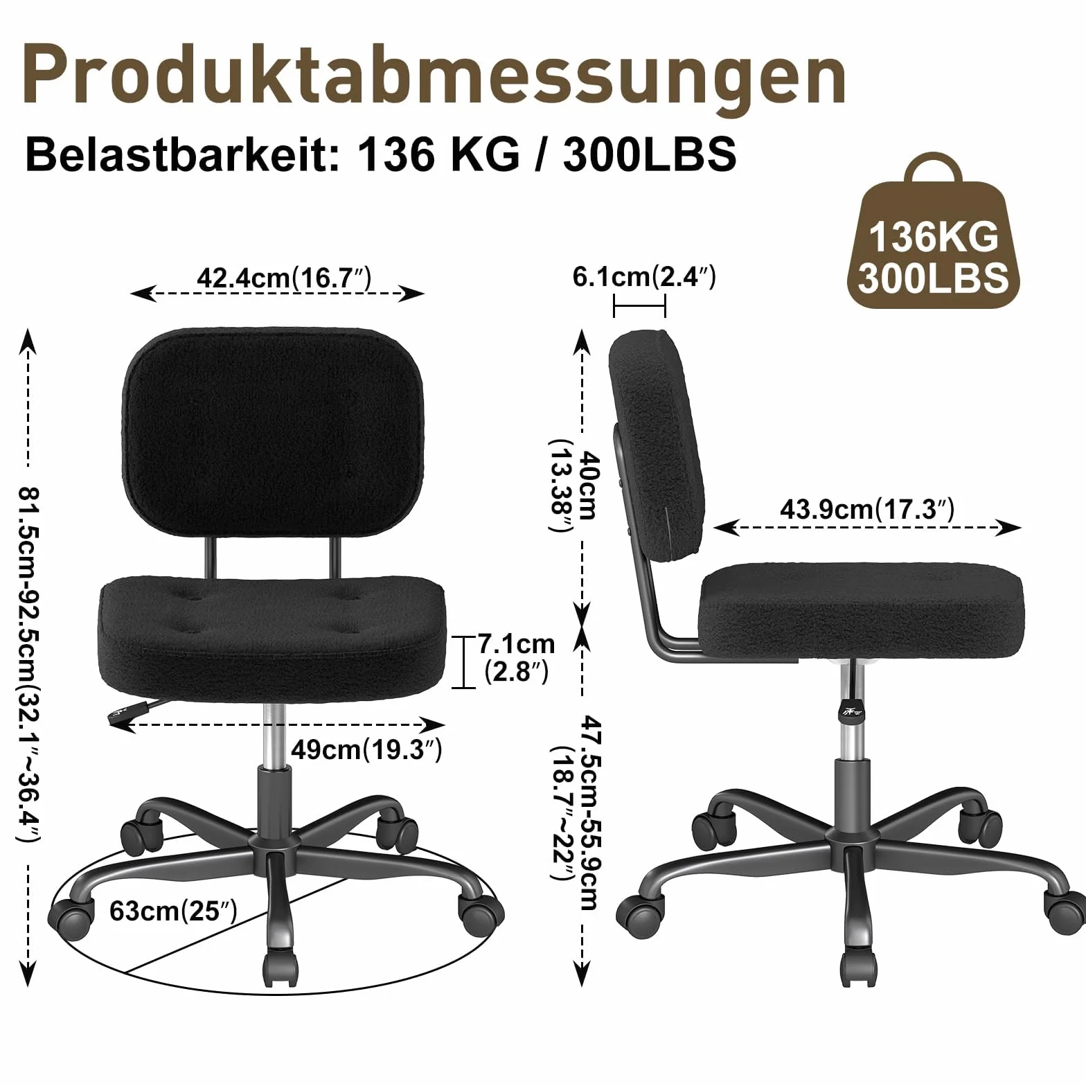 AnyGod Krzesło do biurka bez podłokietników, kompaktowe krzesło obrotowe z kółkami i regulacją wysokości, ergonomiczne krzesło komputerowe do małych pomieszczeń i toaletka, materiał pluszowy, czarny