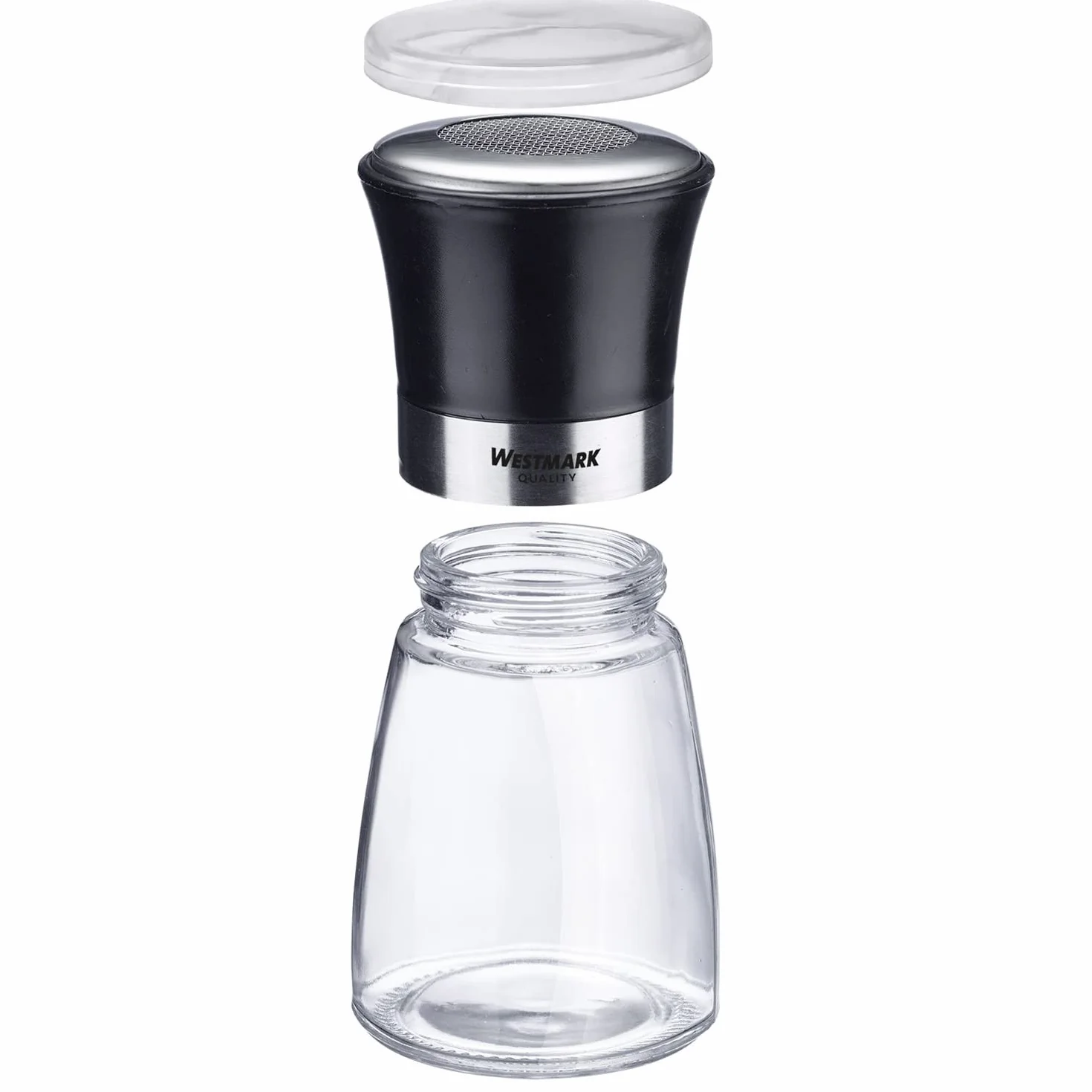 Westmark Dozownik do cukru pudru, Z pokrywą utrzymującą aromat, Pojemność: 190 ml, Szkło/Stal nierdzewna/Tworzywo sztuczne, Blacky, Przezroczysty/Czarny/Srebrny, 69512260
