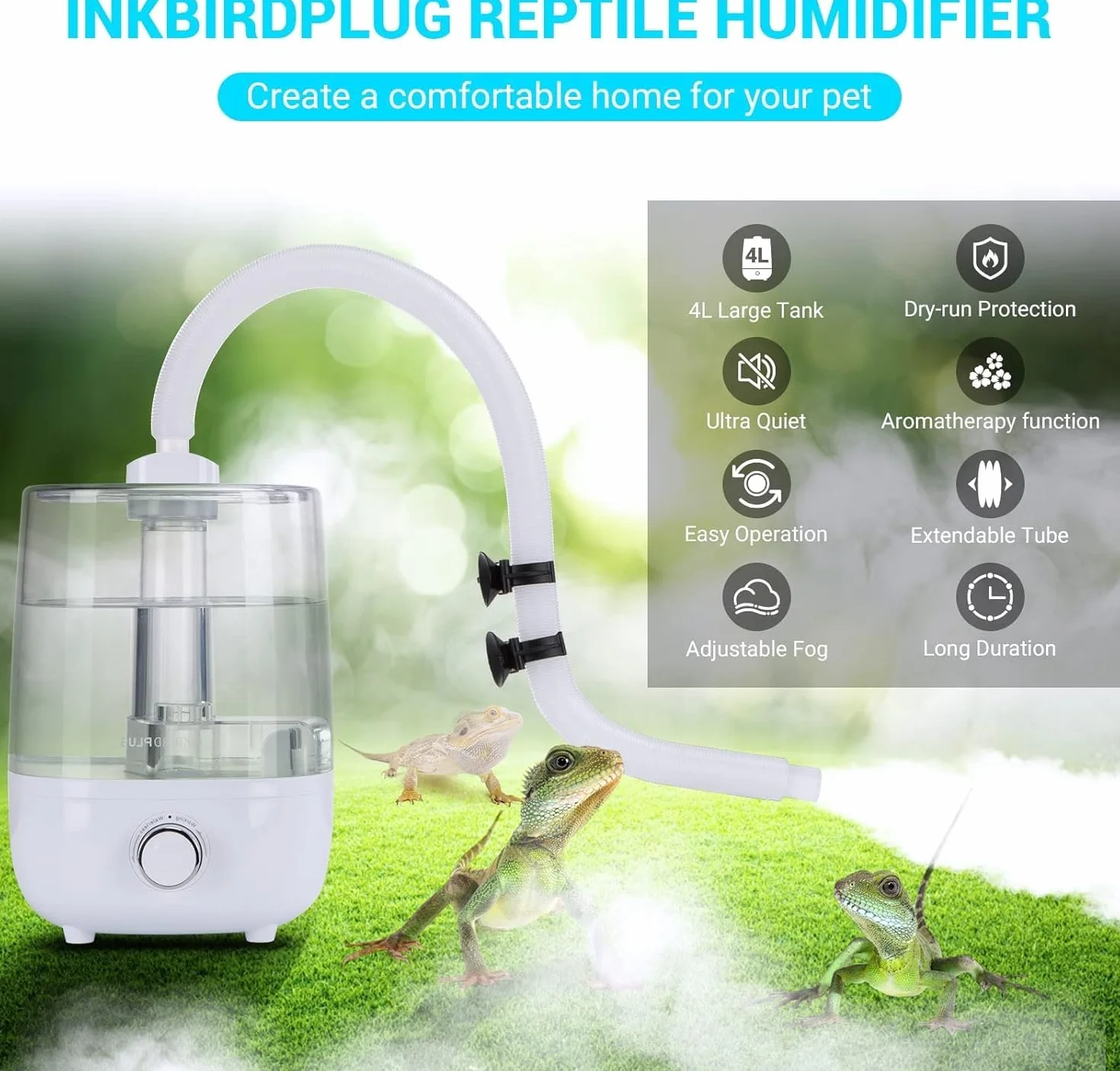 INKBIRDPLUS Nawilżacz Powietrza dla Gadów 4L, Zamgławiacz do Terrarium, Ultracichy Zraszacz, Zabezpieczenie przed Pracą na Sucho