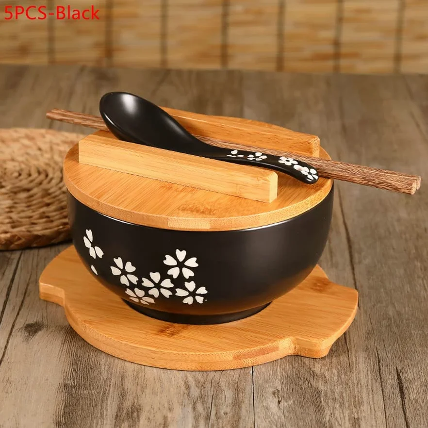 1 zestaw misek na makaron ryżowy w japońskim stylu z pokrywką łyżką i pałeczką kuchenna zastawa stołowa ceramiczna miska do zupy sałatkowej, pojemnik na żywność (5 szt./zestaw - czarny)
