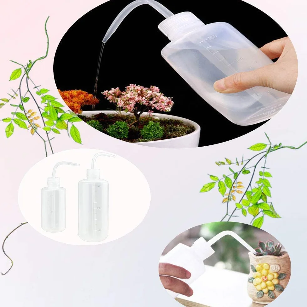 LATRAT Zestaw 2 plastikowych konewek, bezpiecznych butelek do czyszczenia przezroczystych butelek do ogrodnictwa, nawadniania roślin, laboratorium (250 ml)