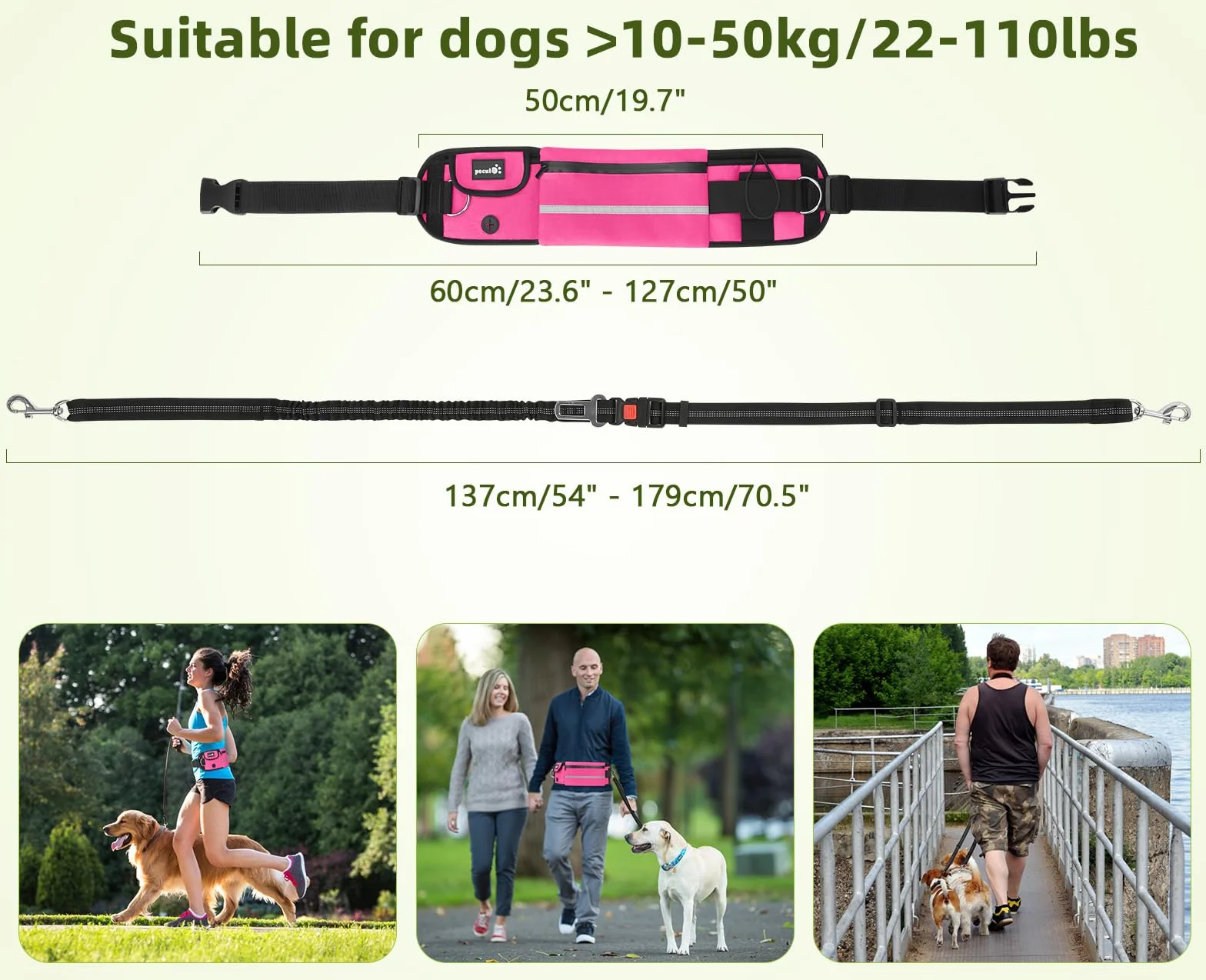 Pecute smycz do biegania dla psów bez użycia rąk, regulowany pasek z kieszeniami, odblaskowa smycz bungee