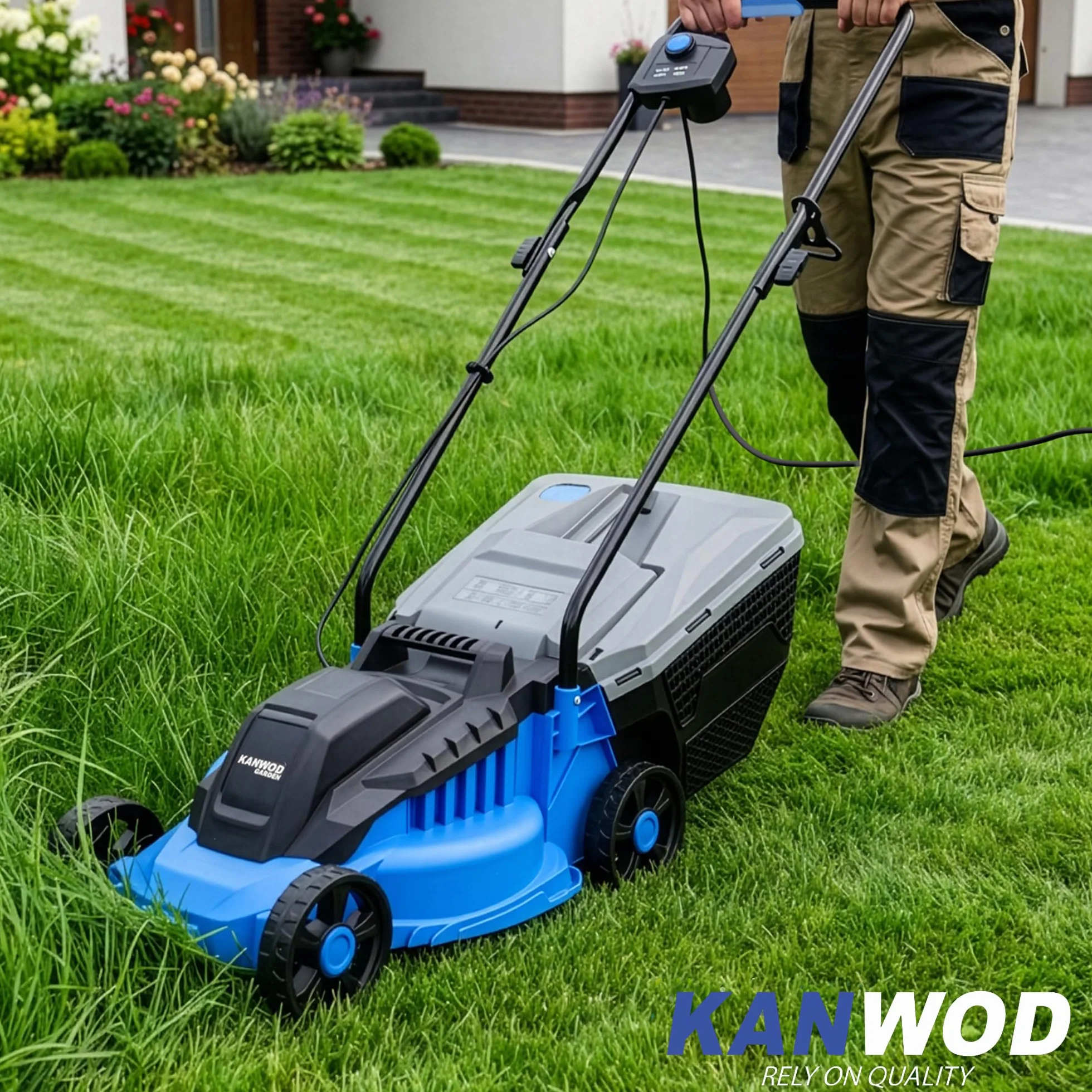 Elektryczna kosiarka do trawy Kanwod 1200 W, szerokość cięcia 34 cm, kosz 30 litrów, wysokość cięcia regulowana na 3 poziomach od 30 do 70 cm, 3400 obr/min