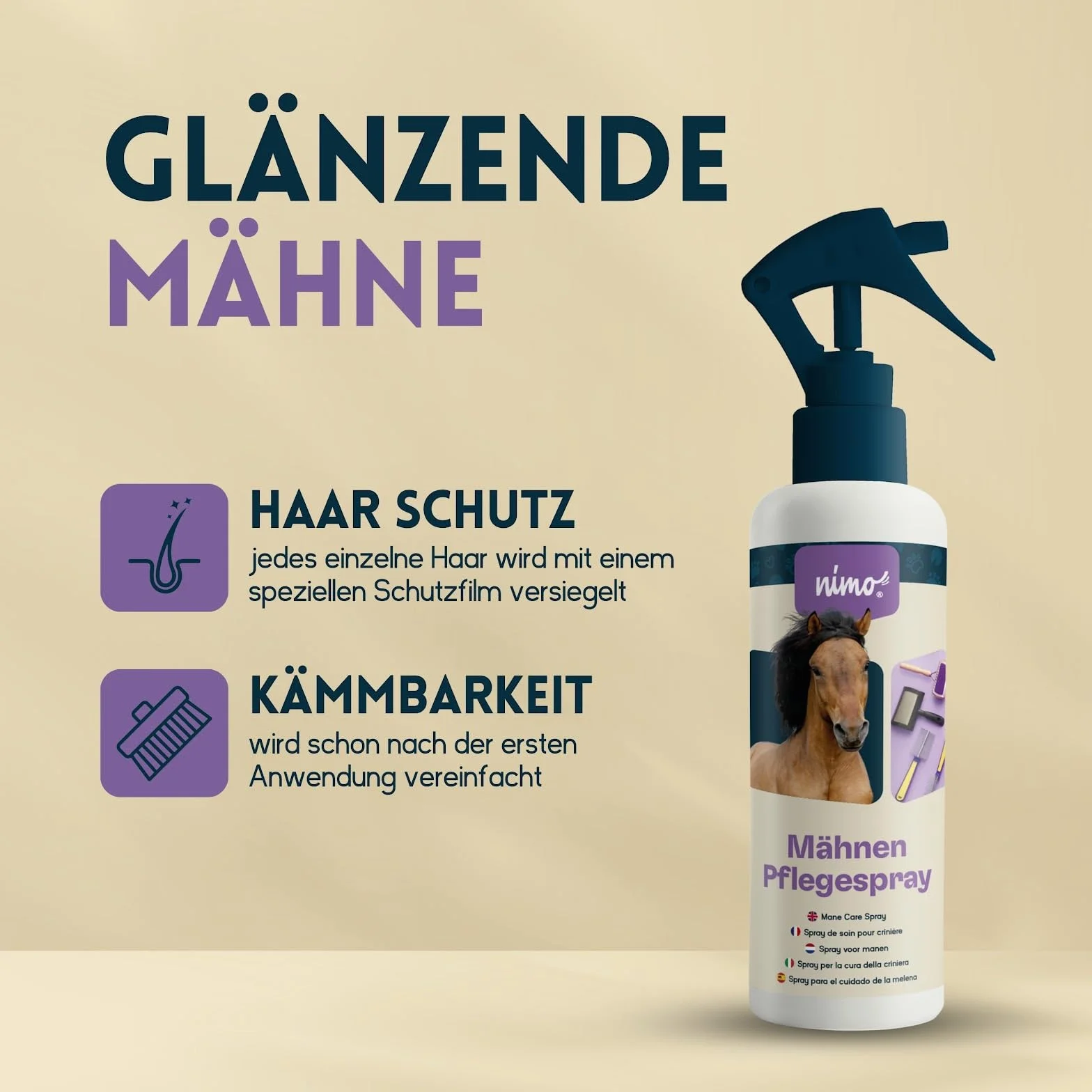 nimo® Spray do pielęgnacji grzyw | dla koni i kucyków | spray do ogona i grzywy | łatwiejsze rozczesywanie, rozplątywanie, pielęgnacja grzywy, pielęgnacja ogona, nadaje połysk
