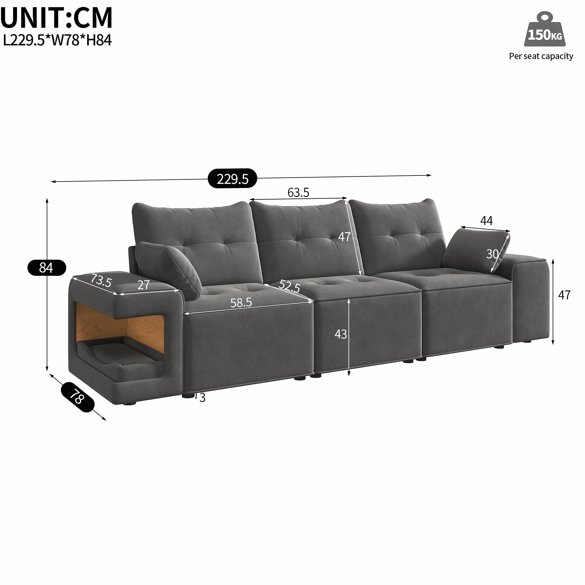 Nowoczesna 3-osobowa sofa, modułowa sofa Cloud z szerokimi podłokietnikami, miejscem do przechowywania, wyściełanym obszarem dla zwierząt domowych, w zestawie 2 poduszki, szara