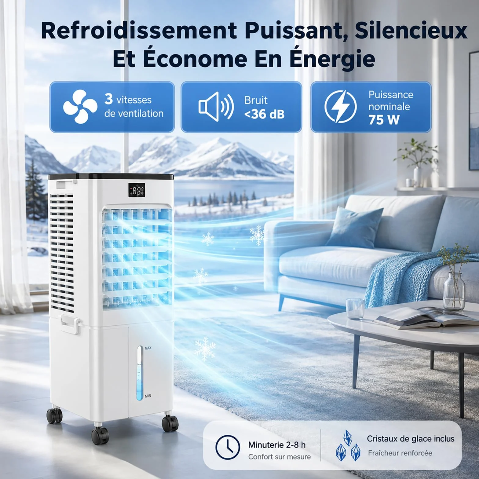 Mobilne klimatyzatory, przenośny klimatyzator z pilotem i wyświetlaczem dotykowym, 4 wolne opakowania lodu, zbiornik na wodę 12 l, szeroki kąt oscylacji 90°, timer 2-8H, 3 tryby przepływu powietrza do