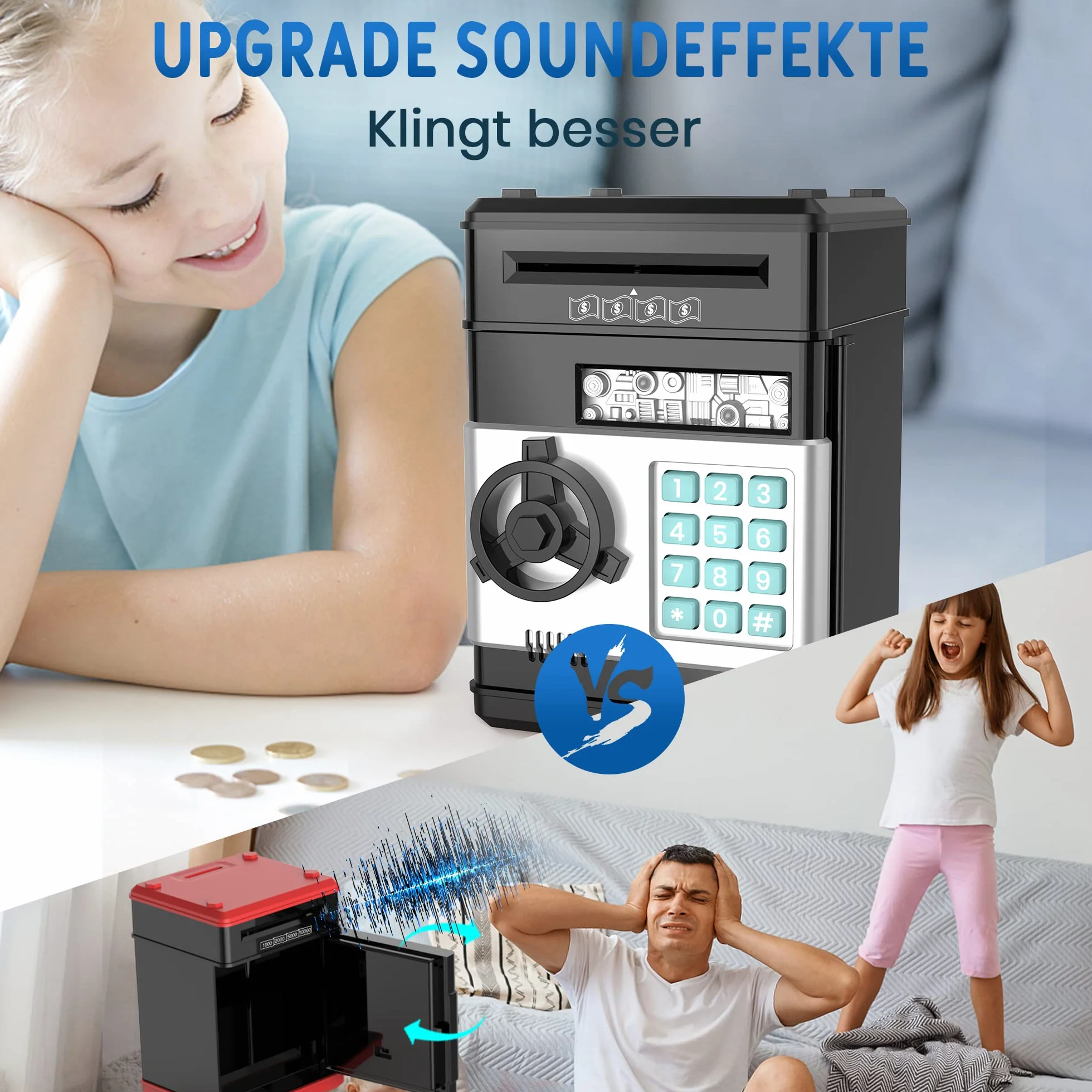 Elektroniczna skarbonka dla chłopców w wieku 3-12 lat, sejf z hasłem, mini skarbonka bankomatowa, gotówka, zabawki dla dzieci w wieku 5, 7, 8, 9 lat, czarny
