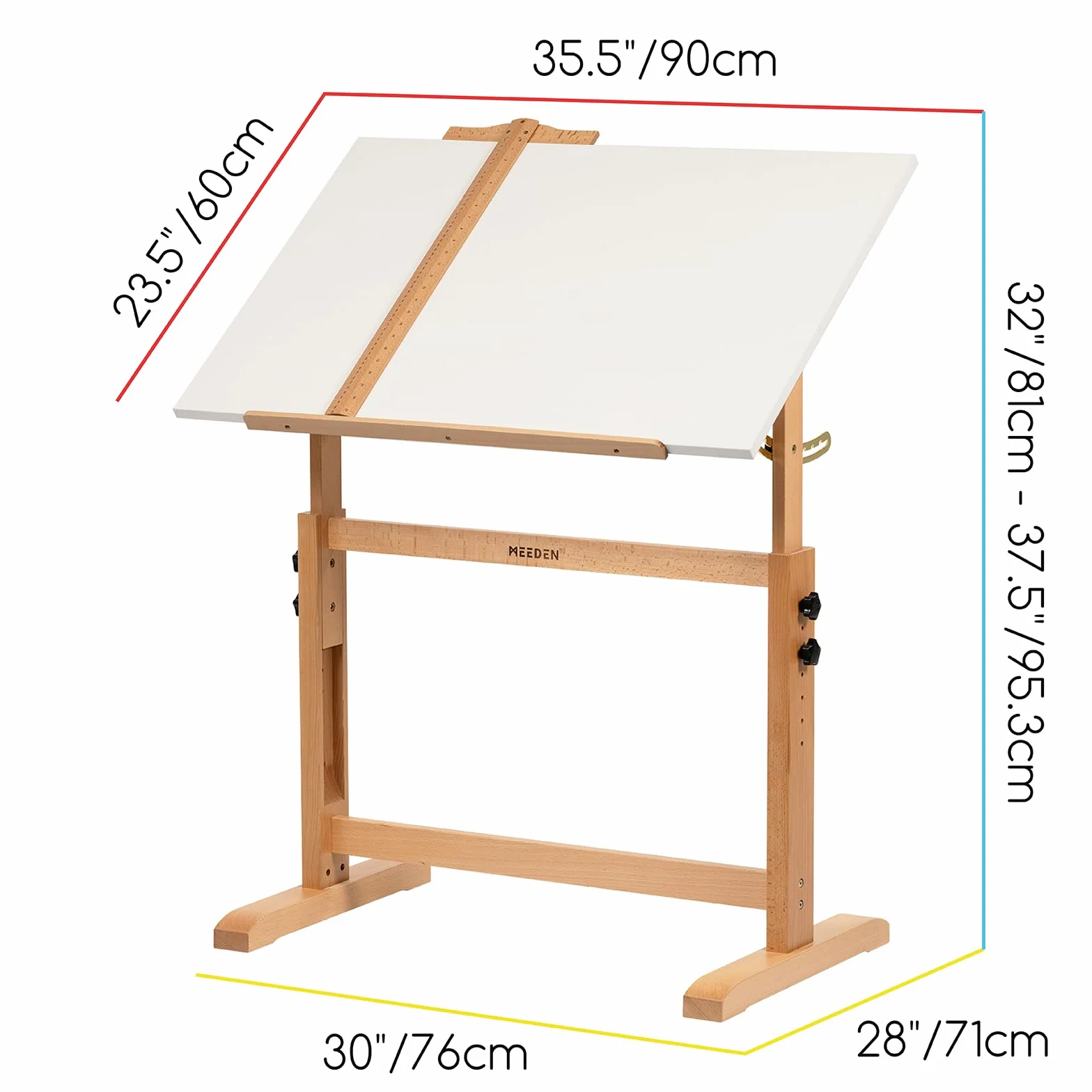MEEDEN Biały regulowany stół kreślarski: 90 cm x 60 cm biurko do rysowania artystycznego z regulacją wysokości - stoły do malowania z litego drewna bukowego - duży odchylany stół dla dorosłych