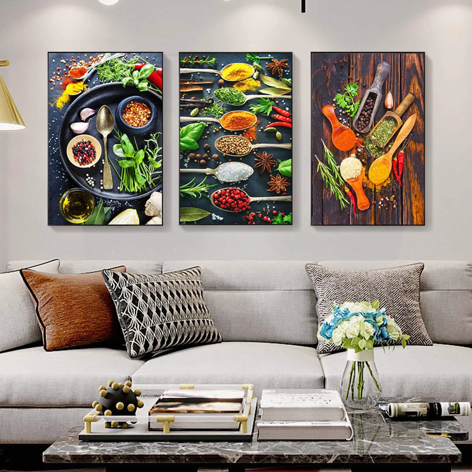 Wydruki na płótnie motyw kuchenny mieszanka ziół i przypraw obrazy artystyczne restauracja plakaty obrazy ścienne jadalnia dekoracja 50 x 70 cm x 3 szt. rama wewnętrzna