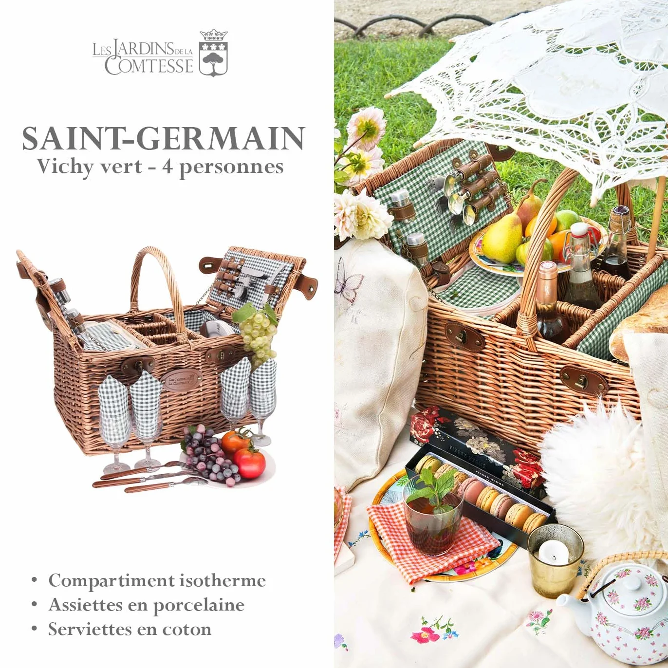 Les Jardins de la Comtesse Kosz piknikowy Saint-Germain zielona kratka ciemna wiklina - kosz ze stojakiem na butelki - dla 4 osób