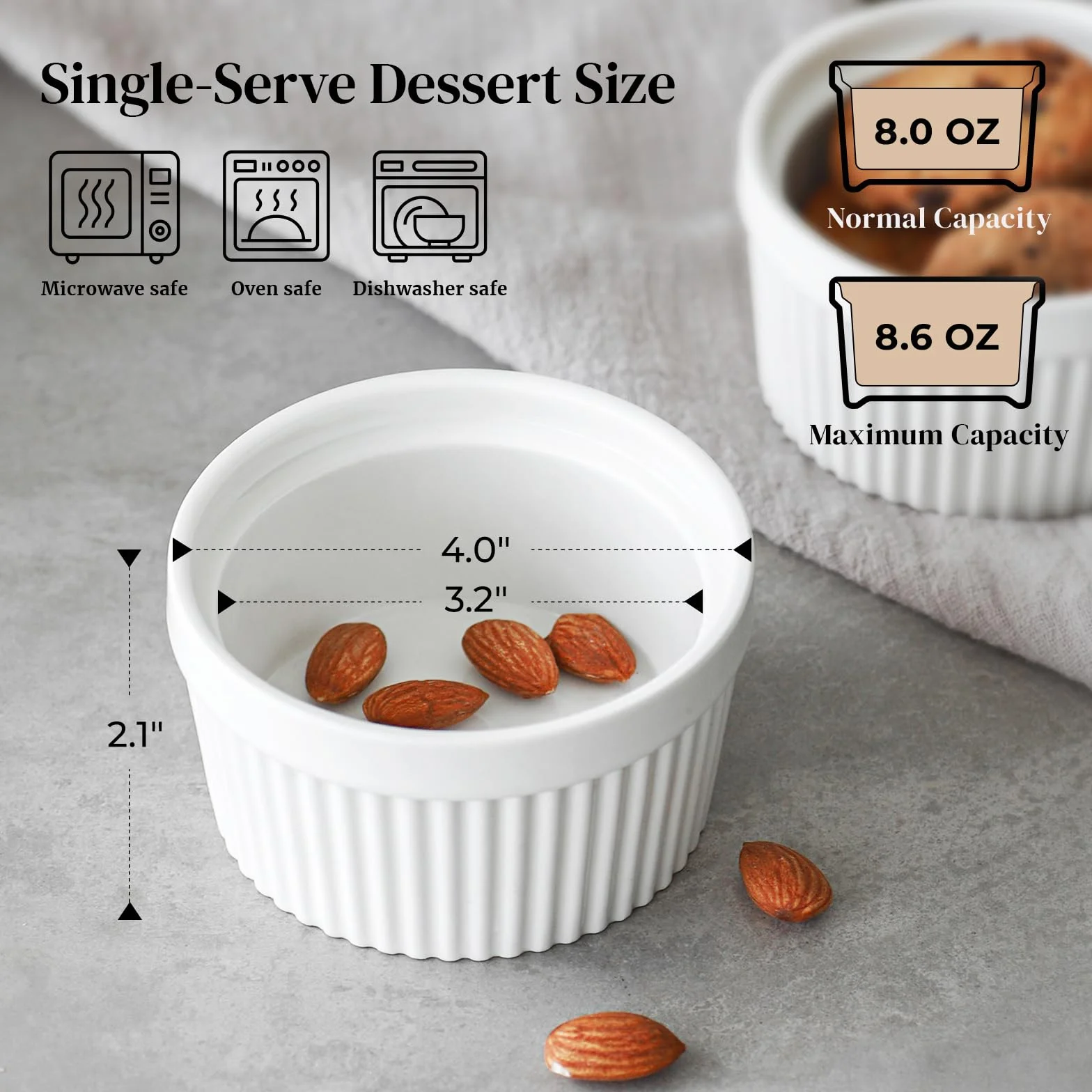 DOWAN Zestaw 6 porcelanowych ramekinów do musli, 10,2 x 5,3 cm, białe