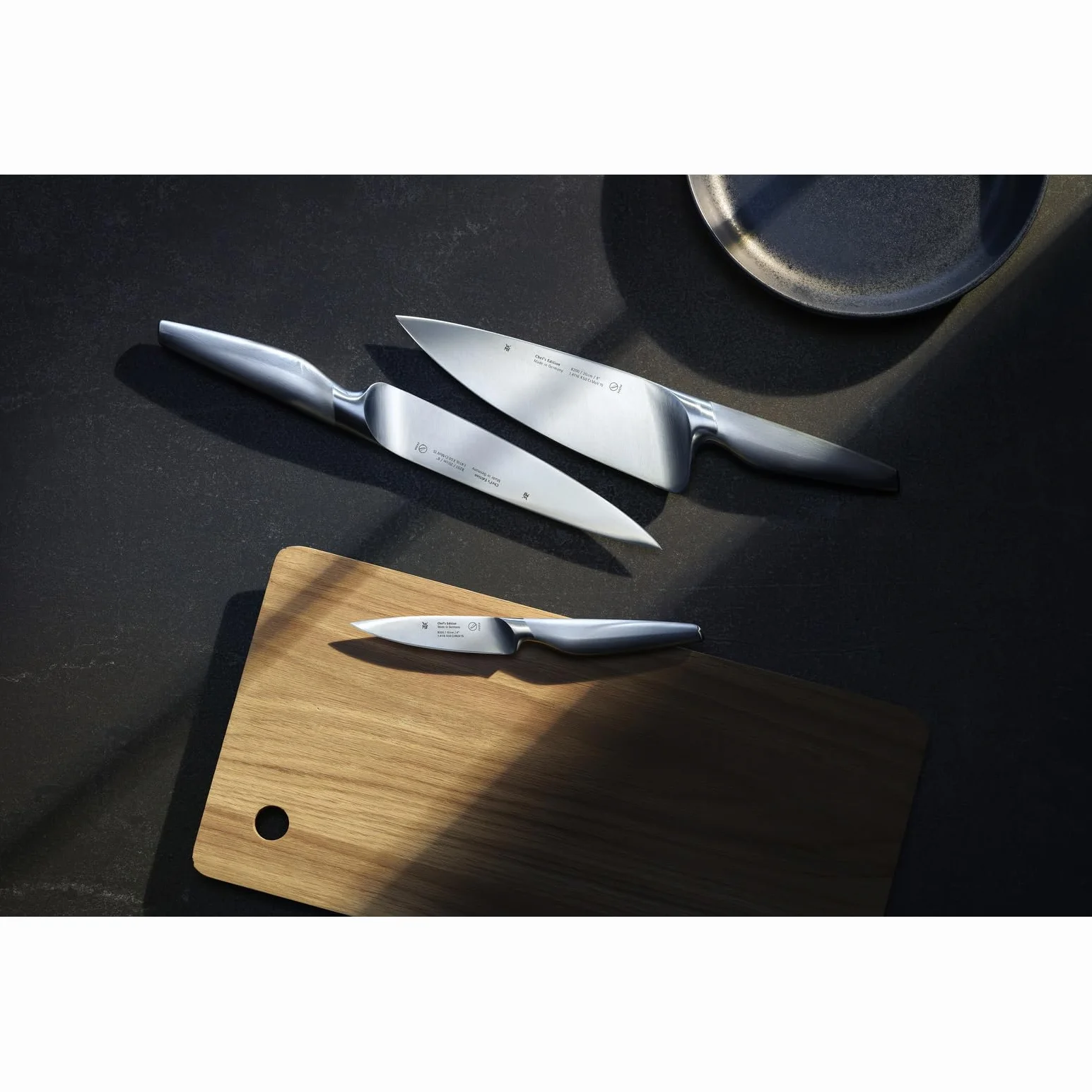 WMF Chef's Edition 3-częściowy zestaw noży, Made in Germany, 3 kute noże, noże kuchenne, nóż szefa kuchni, nóż do mięsa, nóż do szpikulca, Performance Cut, specjalna stal ostrza, drewniane pudełko