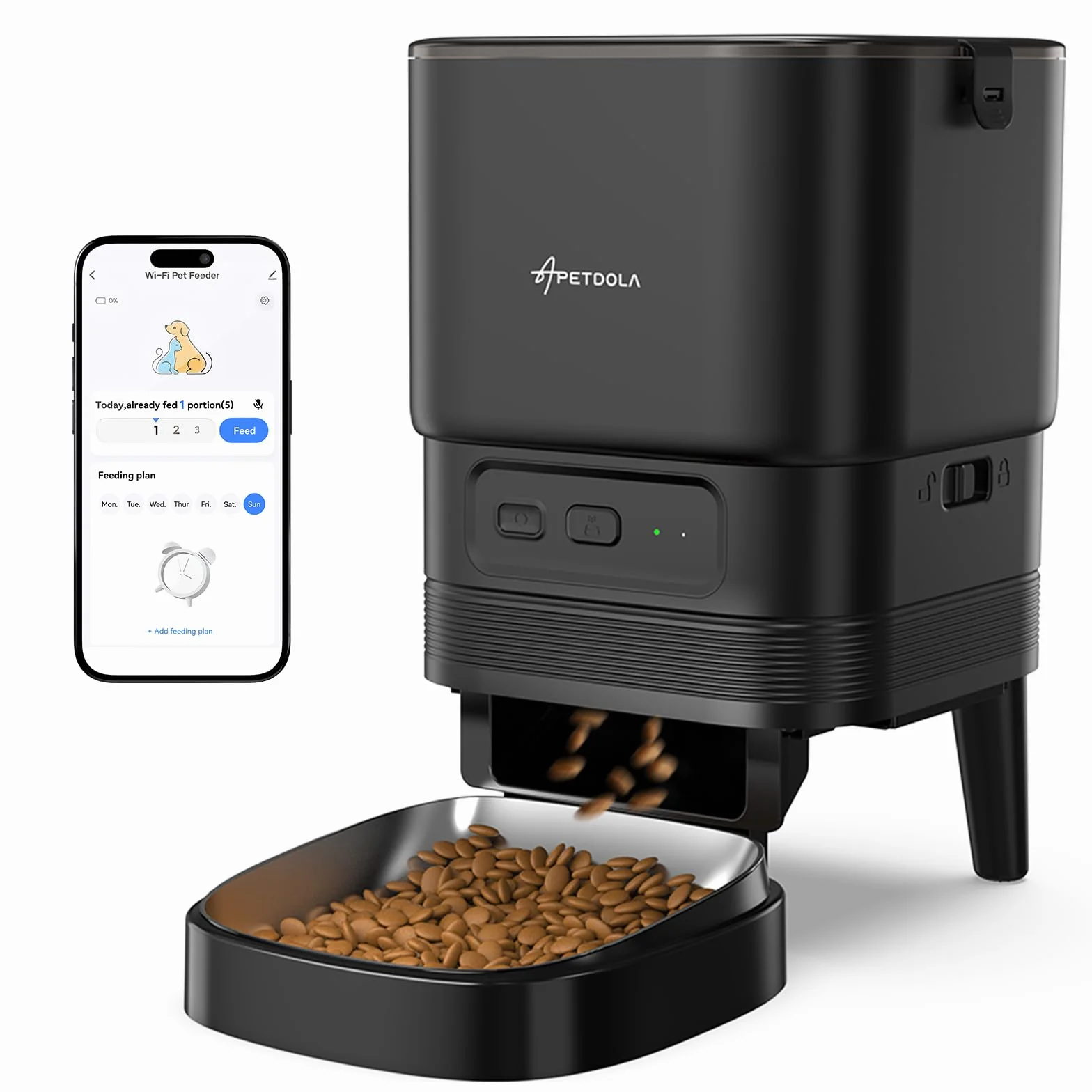 APETDOLA Karma dla kotów, 2,4 G, WiFi, ze sterowaniem aplikacją, 4 l, automatyczny dozownik karmy z baterią, nagrywanie głosu 10 s, 1-10 posiłków dla kotów i psów, kolor czarny, 2,4 G