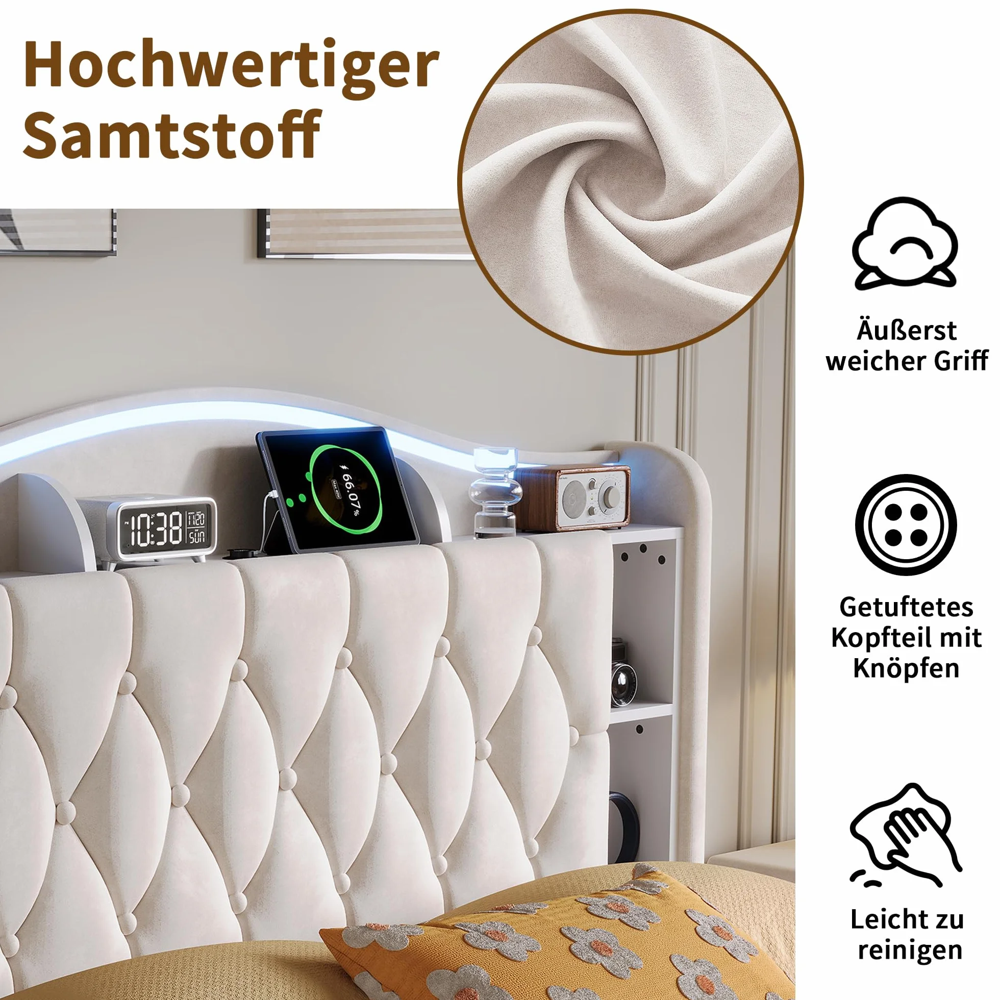 BRILVERDE Łóżko tapicerowane 160 x 190 cm, z miejscem do przechowywania, podwójne łóżko z diodami LED/USB, rama łóżka ze stelażem i zagłówkiem, łóżko młodzieżowe dla dorosłych i młodzieży, aksamitne