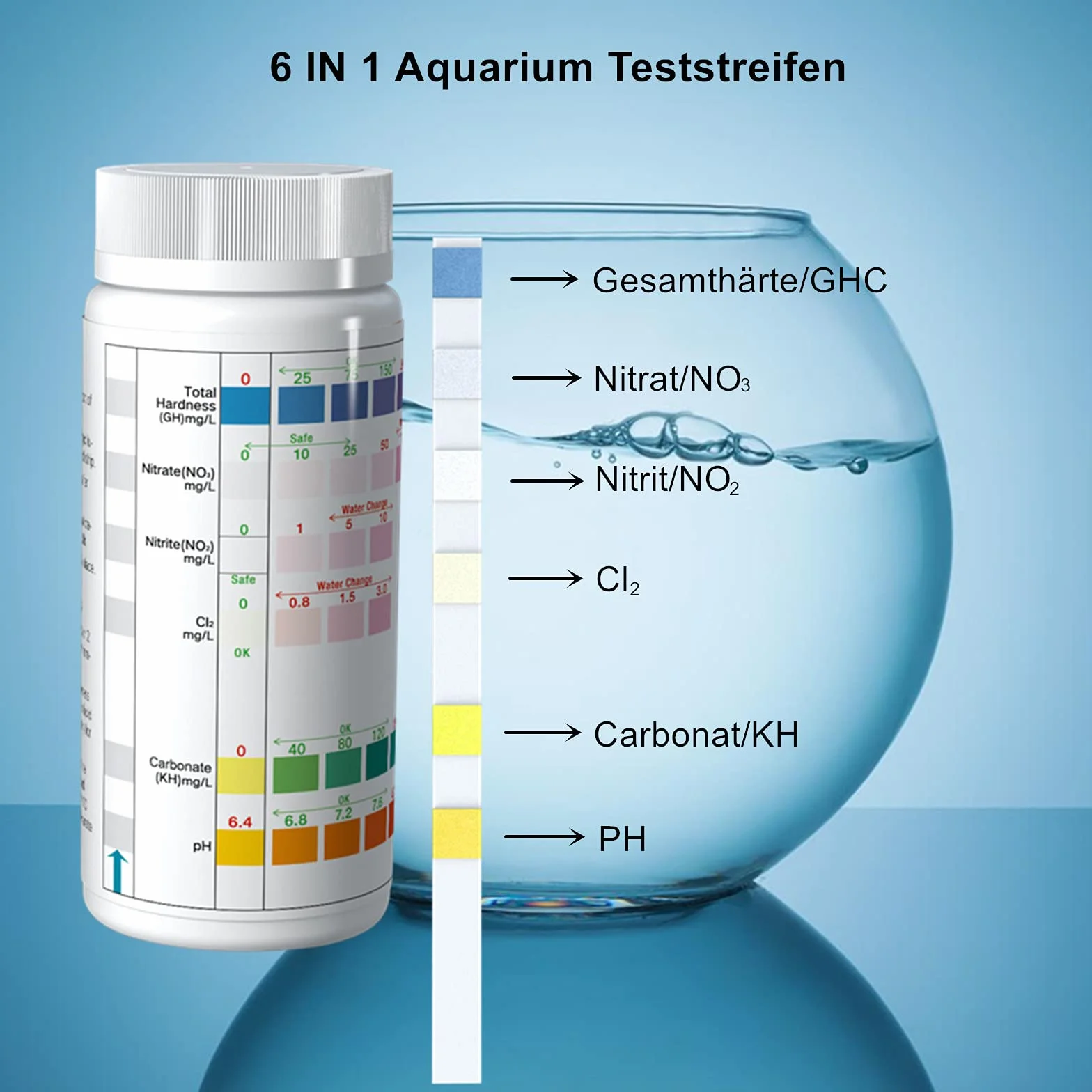 Paski testowe do akwarium 6w1, 100 sztuk, test pH, azotan, chlor, twardość węglanowa, woda słodka i słona