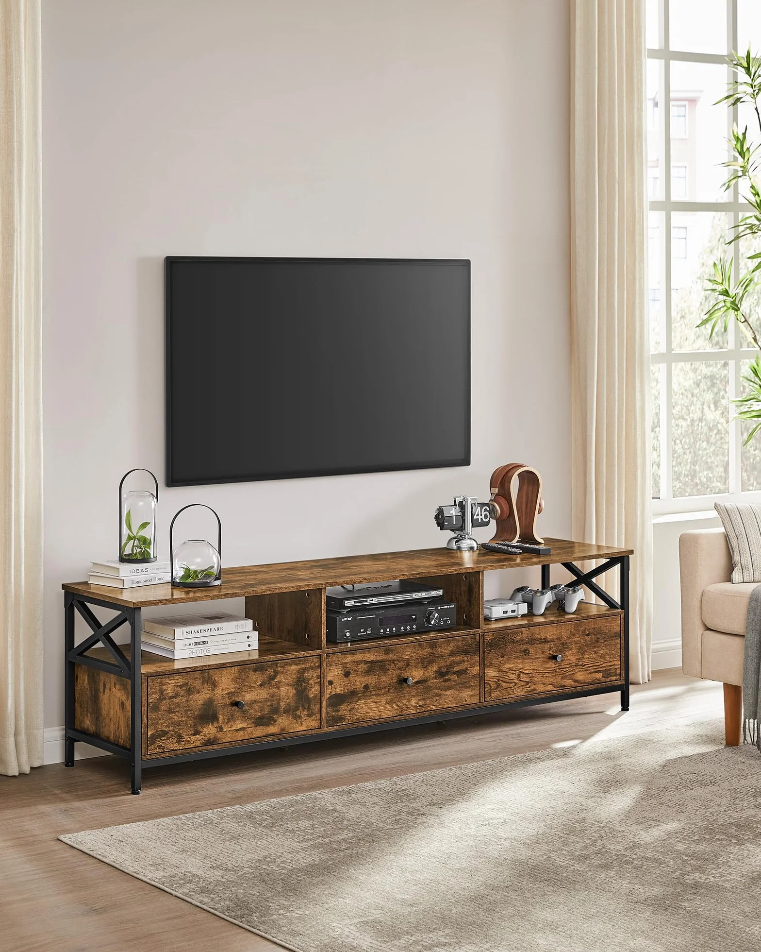 VASAGLE Szafka telewizyjna, stół telewizyjny do 80 cali, z 3 szufladami z tkaniny i 3 otwartymi przegródkami, 178 x 40 x 50 cm, do salonu, sypialni, stalowej ramy, rustykalny brąz i czarny LTV303KD01