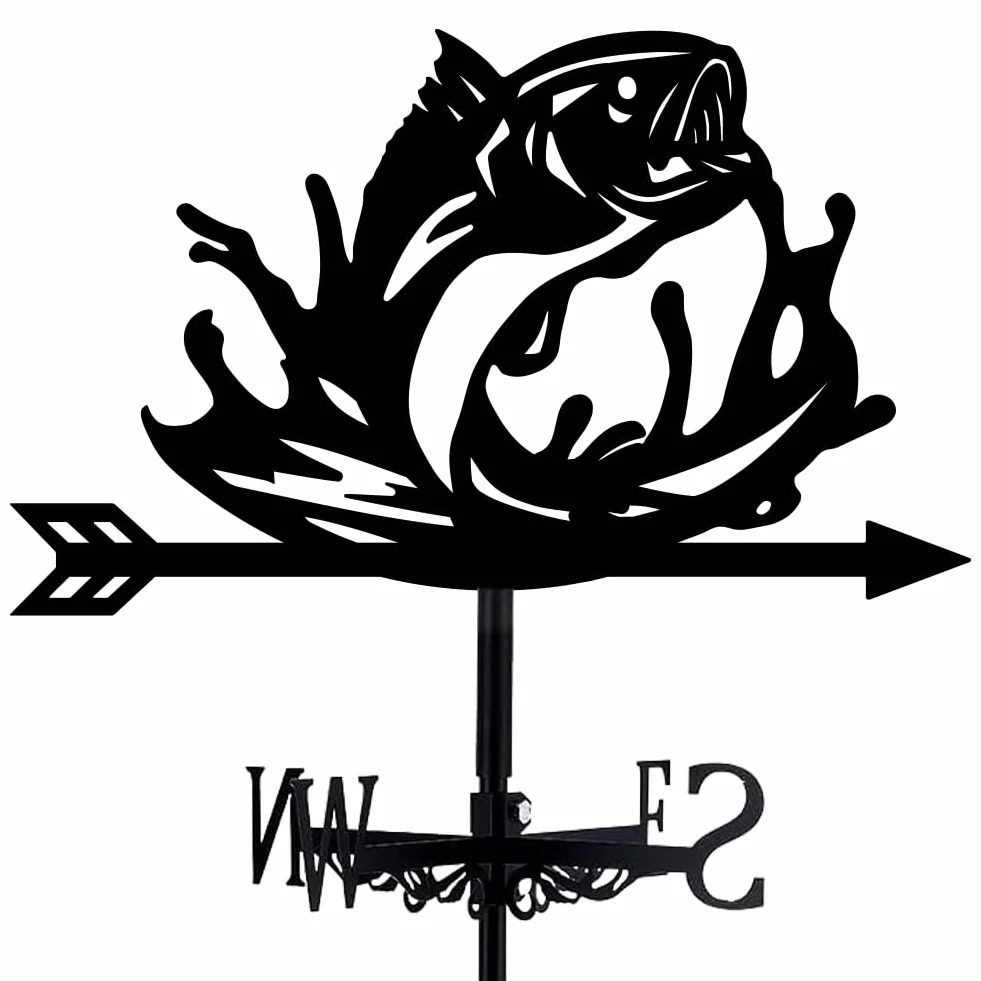 INFUNLY Ryba wiatrowskaz - czarny metalowy wiatrak z dokładnym wskaźnikiem kierunku wiatru - 35 cm x 27 cm - dekoracja padoku na dach ogrodowy
