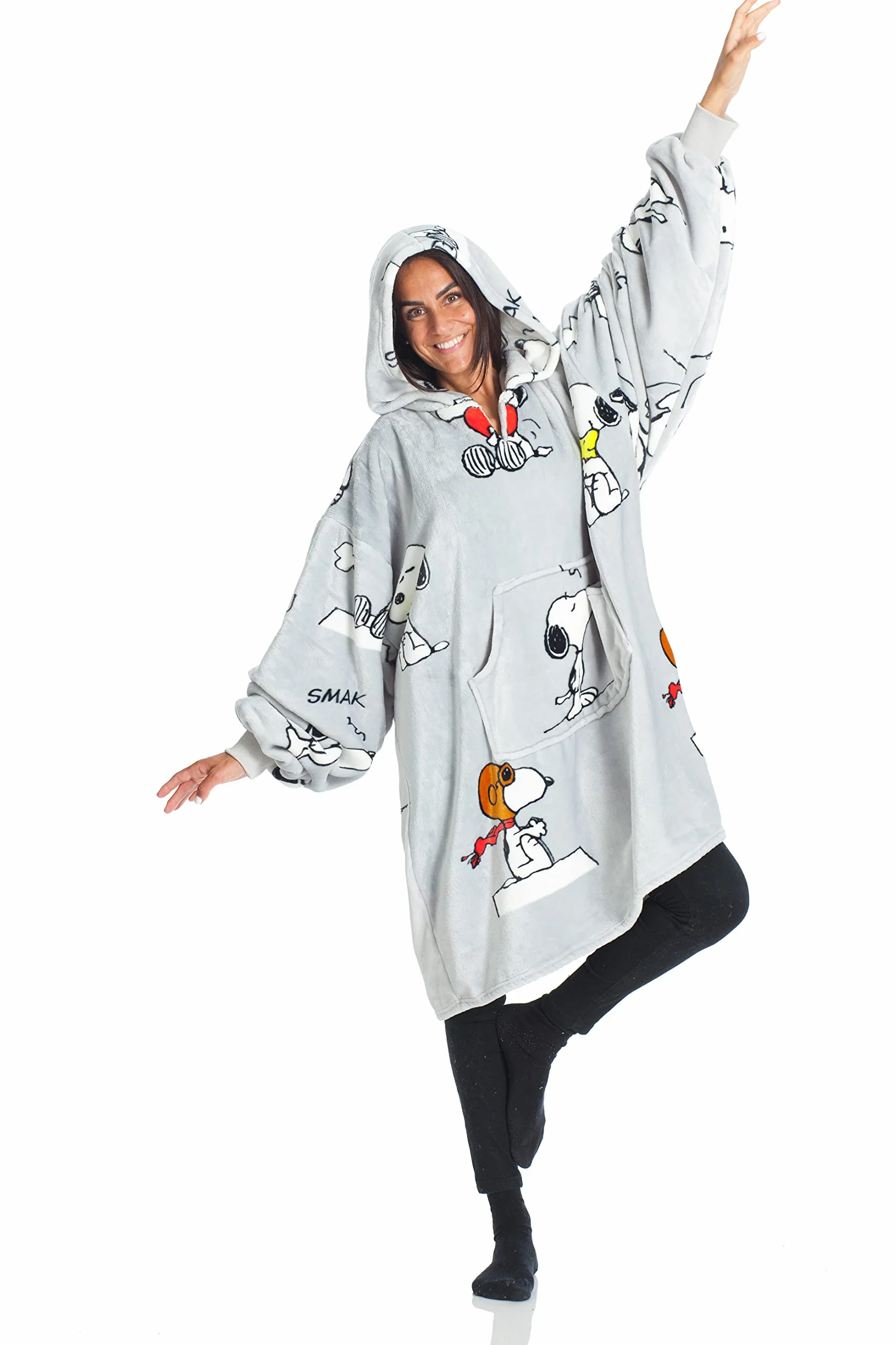 KANGURONE SNOOPY Bluza z kapturem, przenośny koc z mikrofibry mięsnej, z kapturem i kieszenią, pomysł na prezent dla kobiet i mężczyzn, bluza z kapturem oversize, jasnoszara, 95 x 95 cm