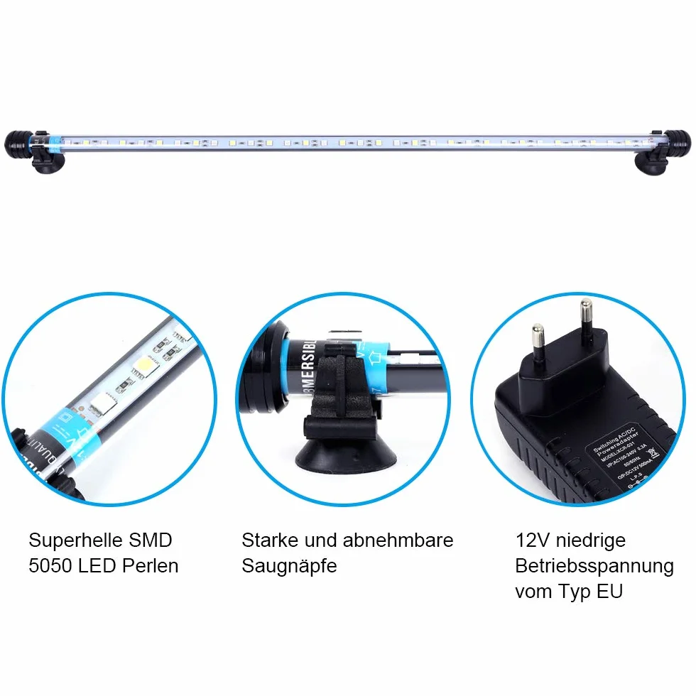 VARMHUS LED 18-112 cm do akwarium światło odporne na pranie napowietrzanie, lampa Stecker EU Unterwasser LED Listwy świetlne (biały i niebieski, 37 cm)