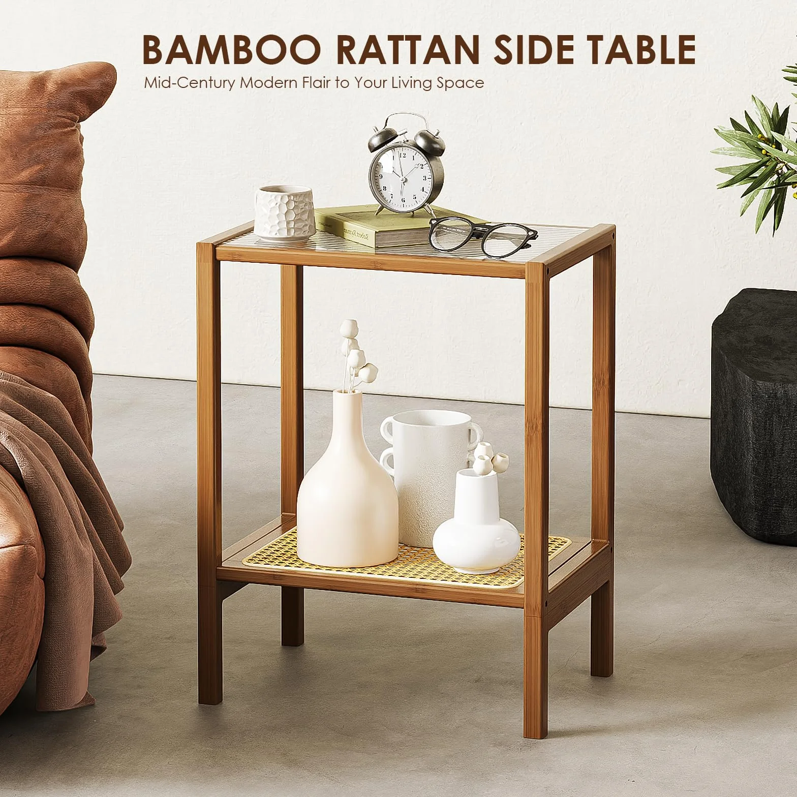 Bamworld Stolik pomocniczy, rattanowy stolik nocny, do małych przestrzeni, sypialni, salonu, szkło rattanowe, bambusowy, stolik nocny, 2-poziomowy, z miejscem do przechowywania, boho