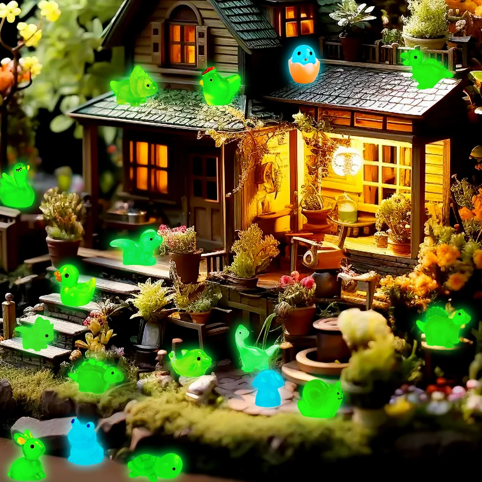 Byffoer Miniaturowe zwierzątka z żywicy, 129 sztuk, świecące miniaturowe figurki, świecące kaczki, świecąca żywica syntetyczna, do ogrodu, krajobrazu, ornament, dekoracja DIY