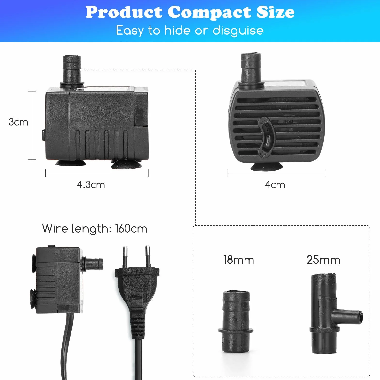 Nobleza - Mini pompy wodne (200 l/h - 3 W), ultracicha pompa akwariowa o wysokim skoku, fontannowa z kablem zasilającym 0,6 m, z 2 dyszami do akwariów, posągów