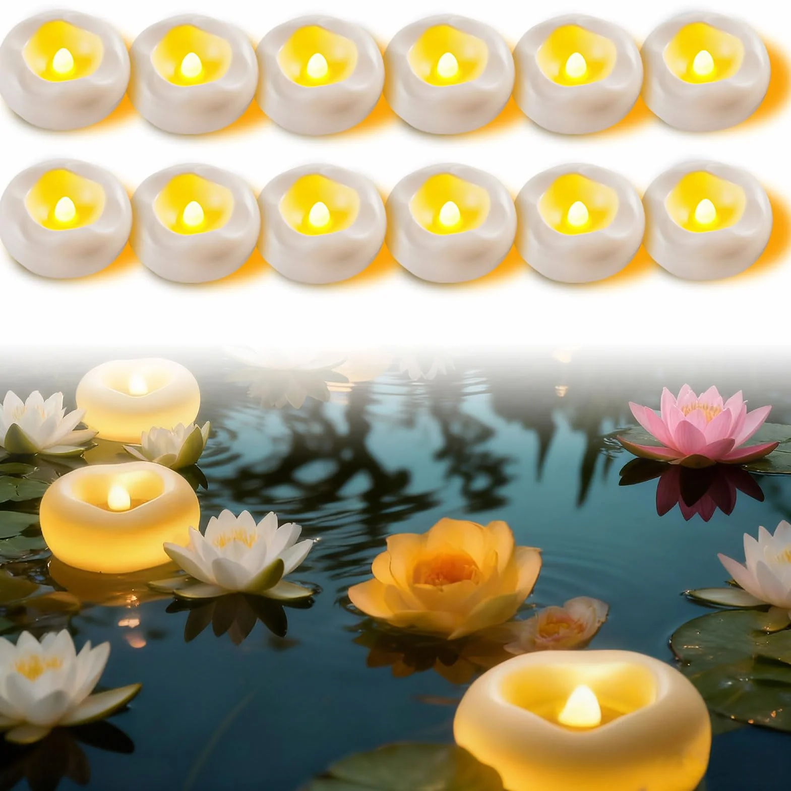 12 sztuk pływających świec LED, pływające świece białe, bezpłomieniowe pływające świeczki typu tealight, zasilane bateriami, świece wodne do basenów, dekoracja ślubna, wazony, dekoracja