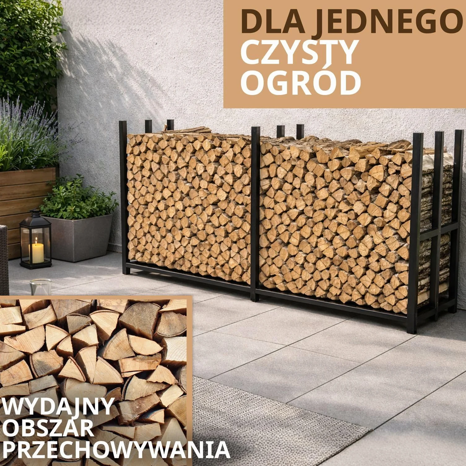 Metalowy regał na drewno kominkowe, 223 × 50 x 115 cm, ocynkowany, do użytku na zewnątrz, do układania drewna opałowego, ogrodu, tarasu, 25 cm, 33 cm, 50 cm, kolor czarny