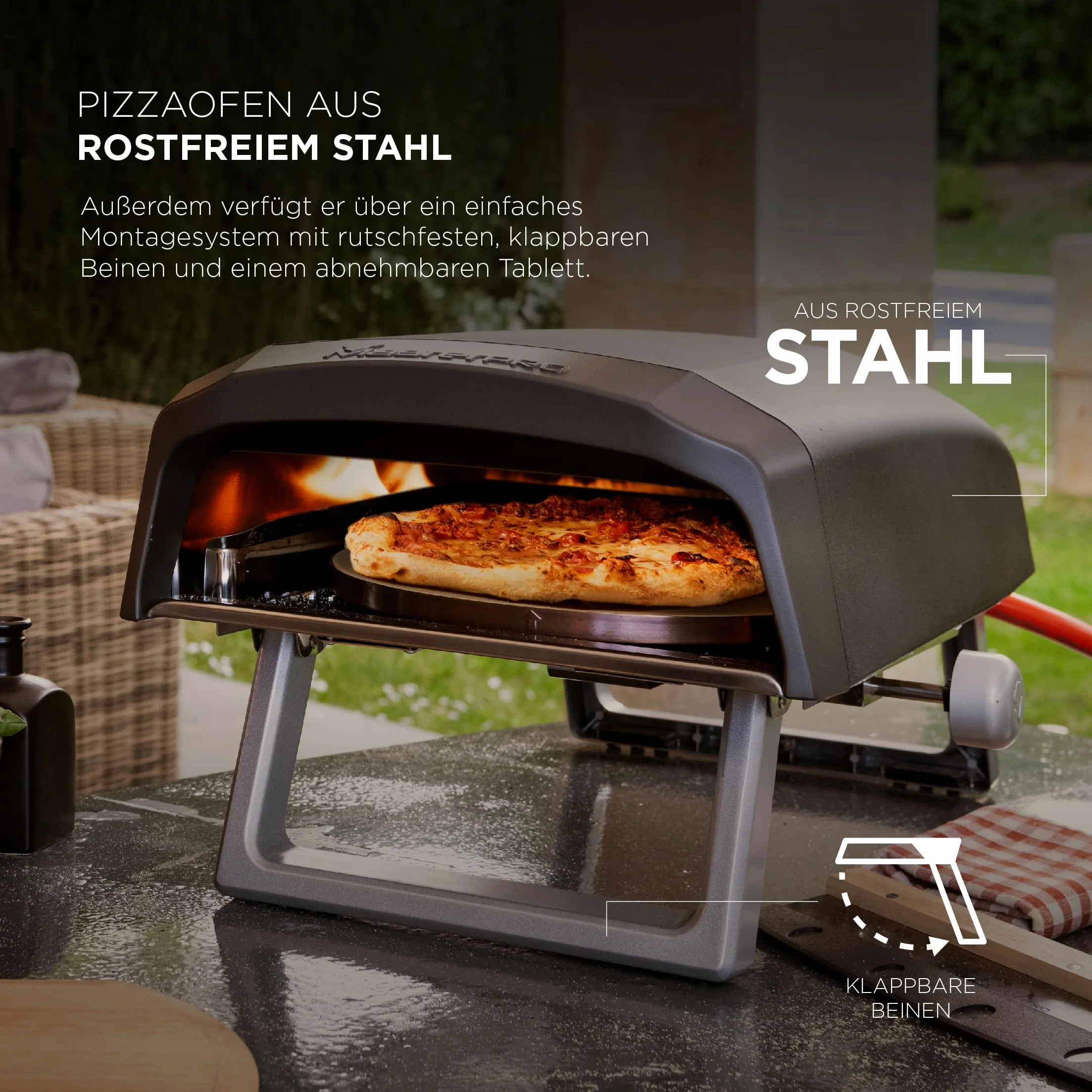 MasterPRO Napoli – przenośny gazowy piec do pizzy – szybkie, równomierne gotowanie – moc do 500°C – pizza gotowa w 60 sekund – torba do przenoszenia i taca kamienna w zestawie