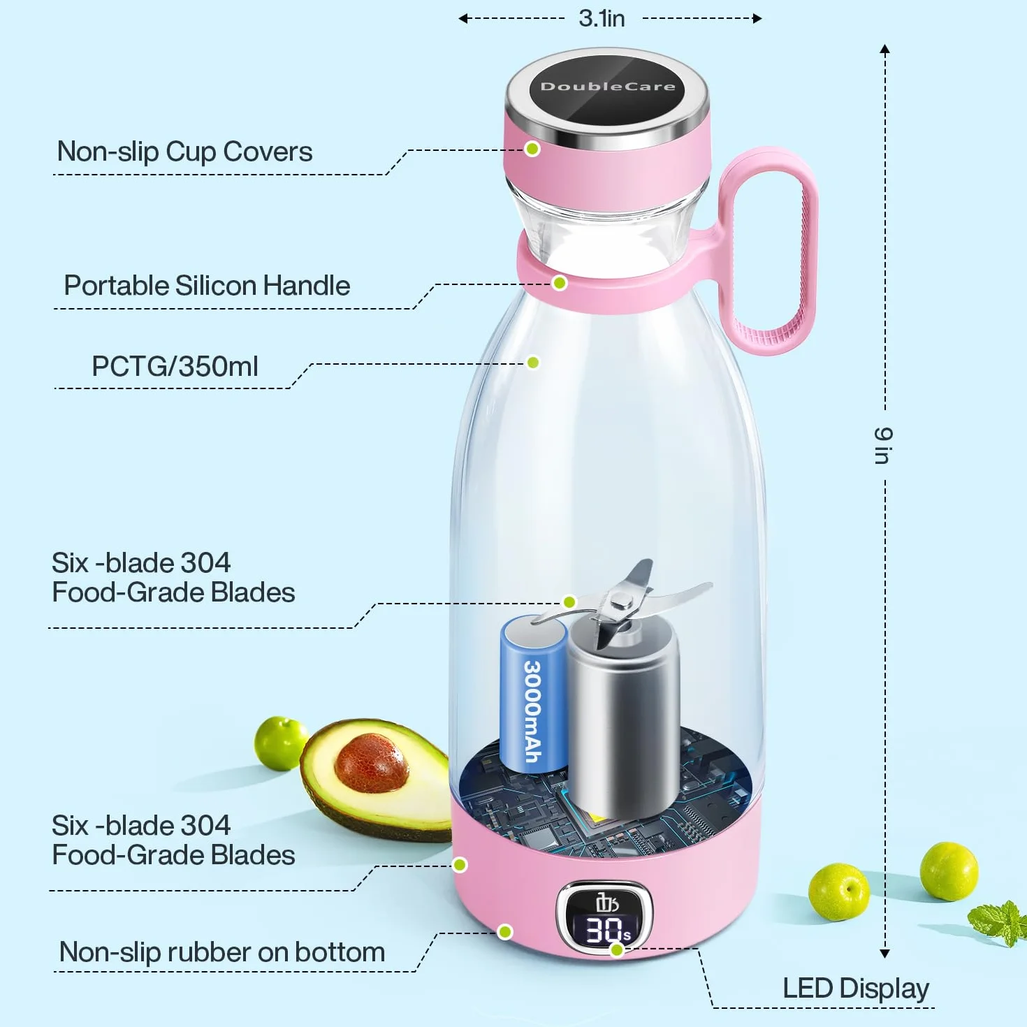 DoubleCare Przenośny blender, 6-ostrzowy elektryczny sokowirówka USB z wyświetlaczem LED, 350 ml mini blender do koktajli i smoothie, akumulator 3000 mAh, do rodzinnych sportów na świeżym powietrzu