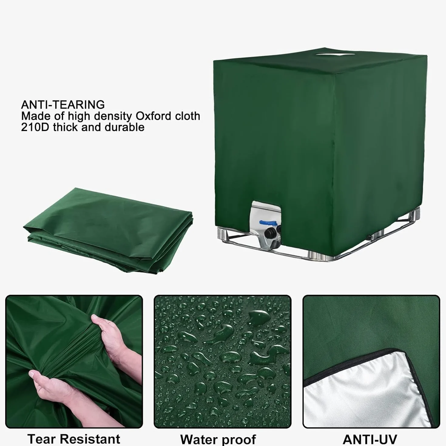IBC osłona zbiornika na wodę, pyłoszczelna, ochrona przed promieniowaniem UV, plandeka ochronna, nadaje się do zbiornika IBC 1000 l (120 x 100 x 116 cm, zielona)