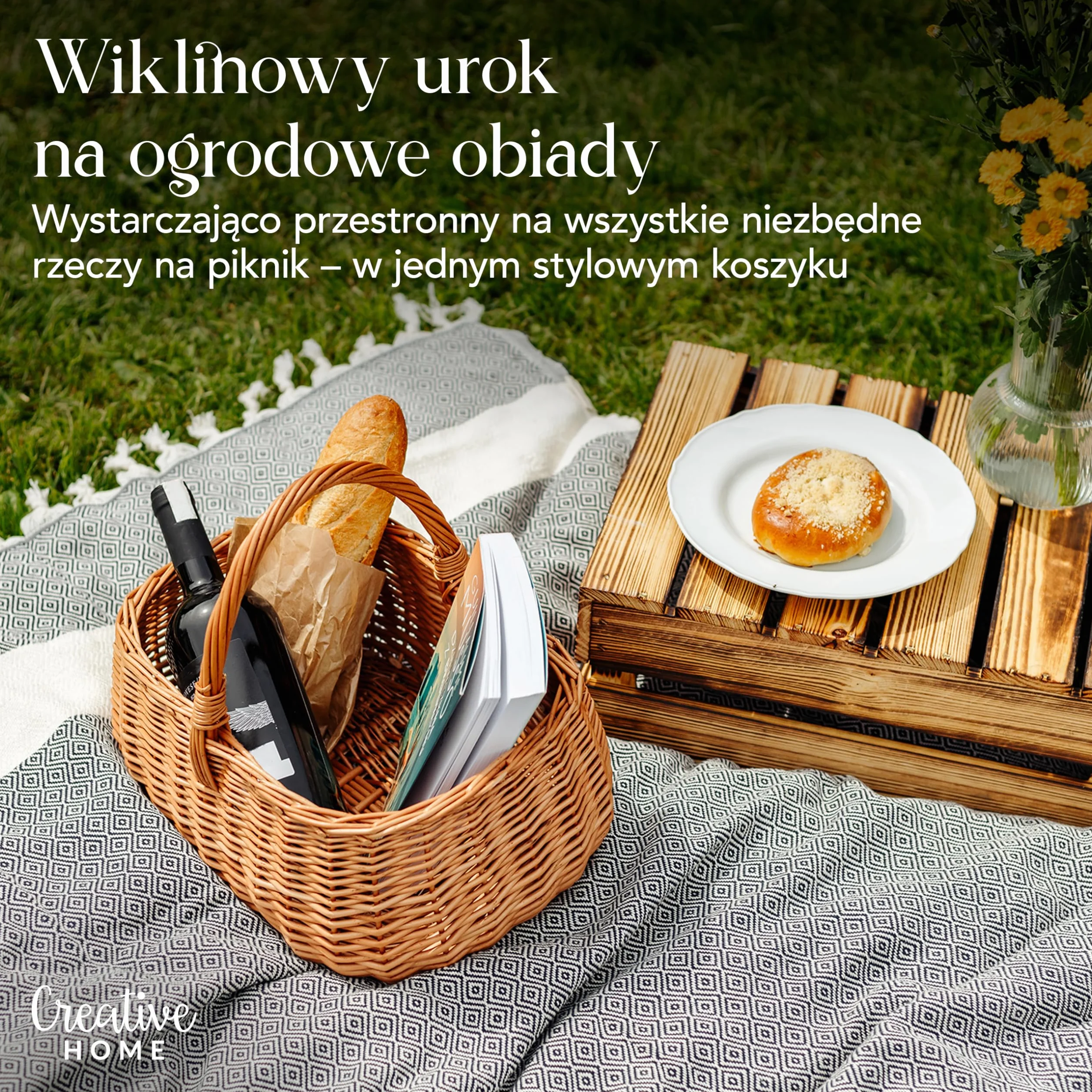 Creative Home Kosz Wiklinowy Piknikowy z Rączką | 36 x 27 x 32 cm (+/- 2 cm) | Duży i Lekki | Ręcznie Wyplatany | Naturalny Brąz | Uniwersalny i Wytrzymały