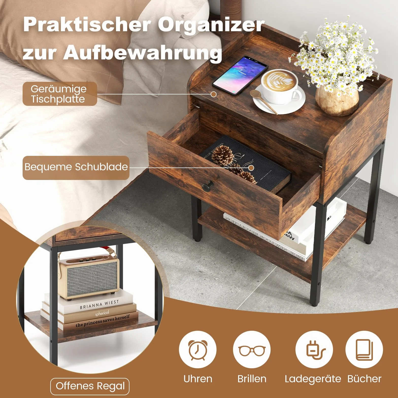 COSTWAY Stolik nocny z szufladą, stolik pomocniczy z otwartą półką, stolik do sofy z regulowanymi podkładkami pod nogi, szafka nocna Boxspring do sypialni, salonu, rustykalne brązowe, 42 x 30 x 60 cm