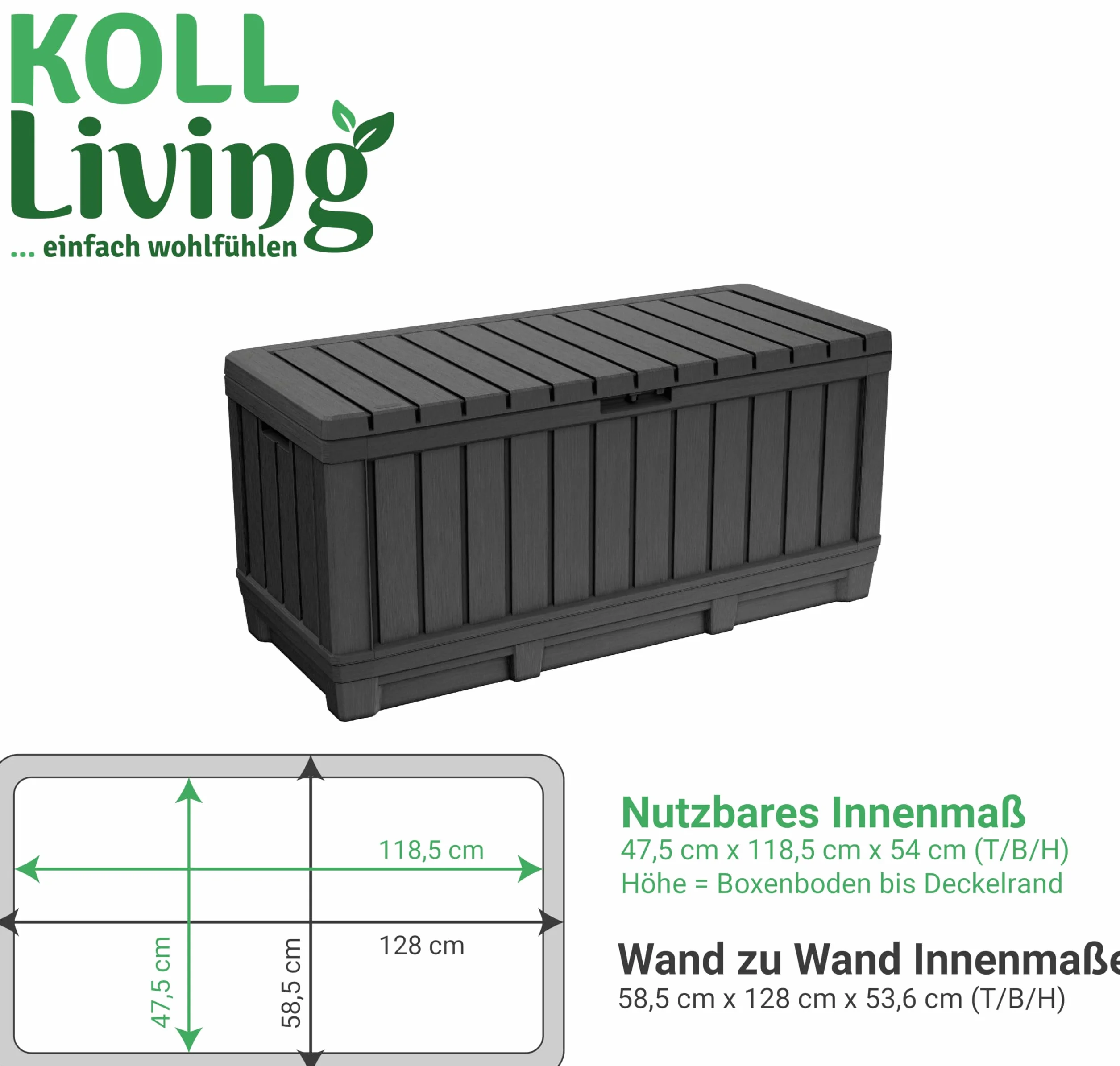 Koll Living skrzynia ogrodowa, pojemno?? 350 l, antracytowa, kompaktowe pude?ko do przechowywania z du?? ilo?ci? miejsca na poduszki do siedzenia, narz?dzia ogrodowe lub zabawki dla dzieci