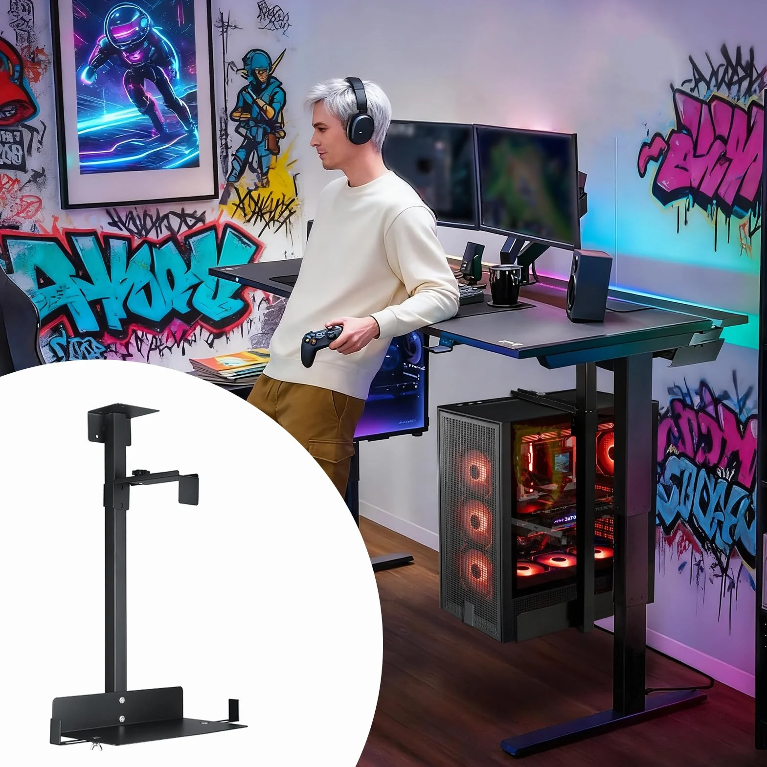 Uchwyt na PC pod biurkiem, Regulowana wysokość zawieszenia komputera pod biurkiem do 35 kg, Uniwersalny uchwyt na komputer pod biurkiem, W pełni stalowy materiał Elastyczny uchwyt na PC (Czarny)