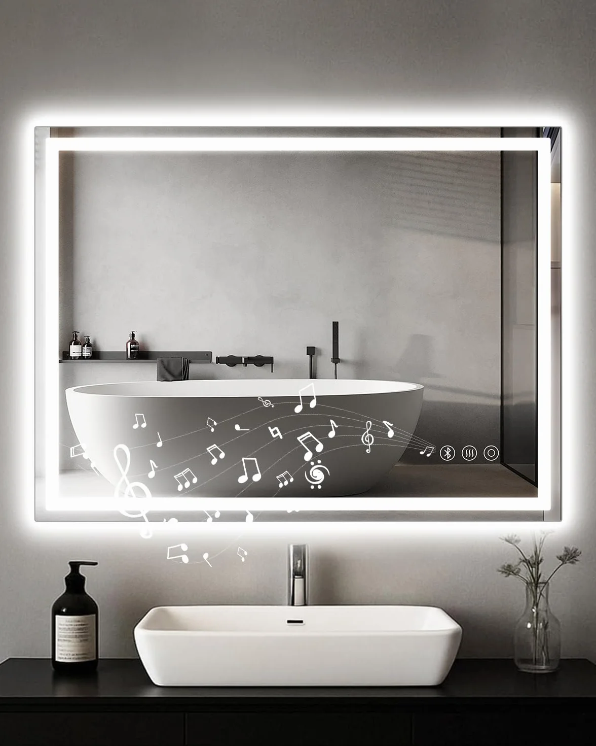 Lustro łazienkowe z oświetleniem LED, 60 x 80 cm, z Bluetooth, funkcja przeciwmgielna, przełącznik dotykowy, funkcja pamięci, funkcja pamięci, IP44, lustro łazienkowe do łazienki, WC