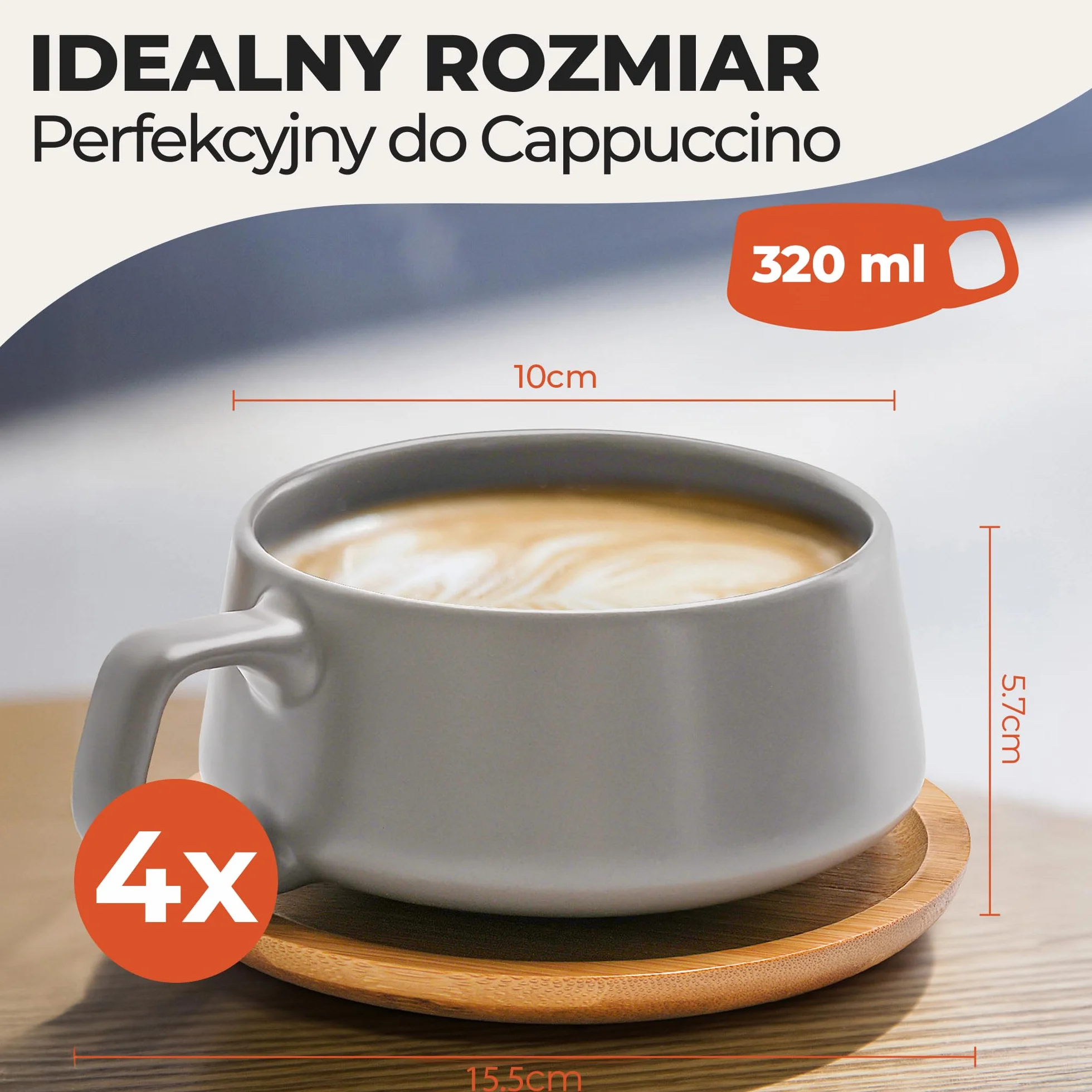 MIAMIO 320 ml, Zestaw 4 Ceramicznych Filiżanek do Herbaty i Spodków Bambusowych - Szeroki Kubek do Cappuccino, Kawy, Latte, Espresso