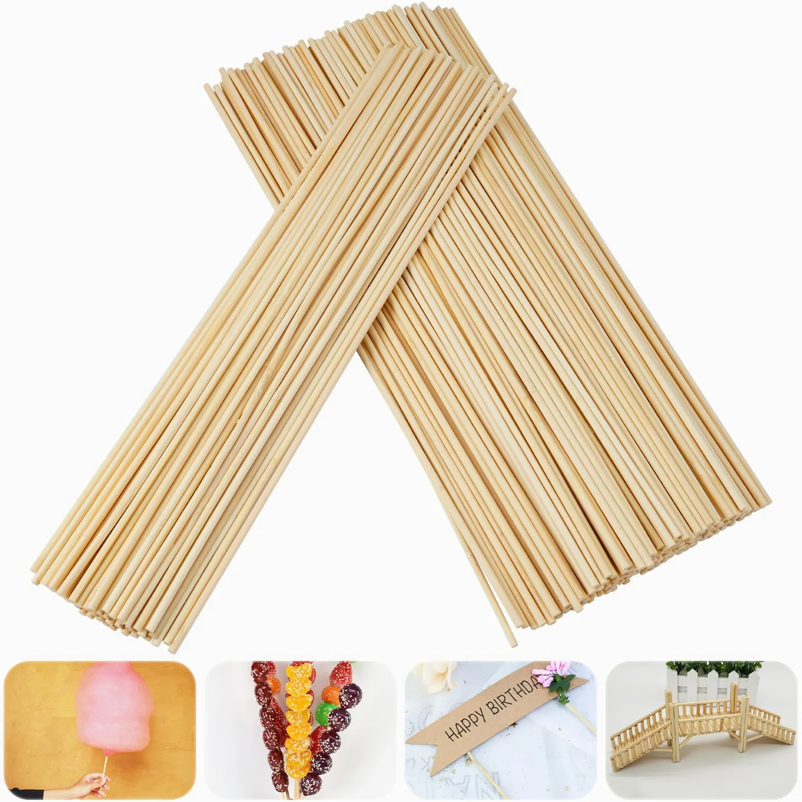 200 sztuk pałeczek z waty cukrowej, 300 mm x 3 mm, drewniane pałeczki okrągłe, do majsterkowania, do marshmallows, owoców, lodów, lizaków, projektów artystycznych i majsterkowania