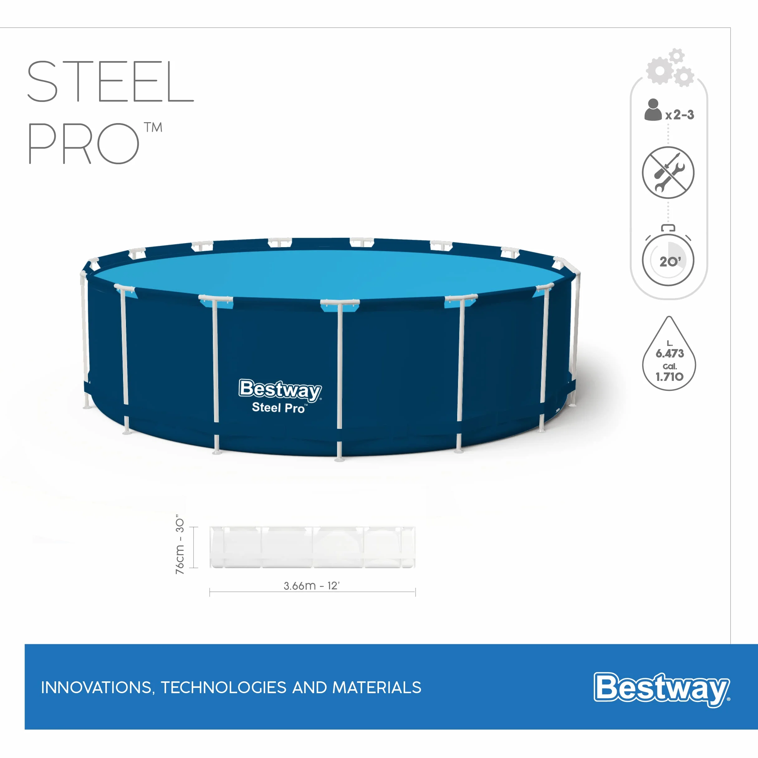 Bestway Steel Pro Basen | Okrągły brodzik naziemny, 12' x 76.2 cm