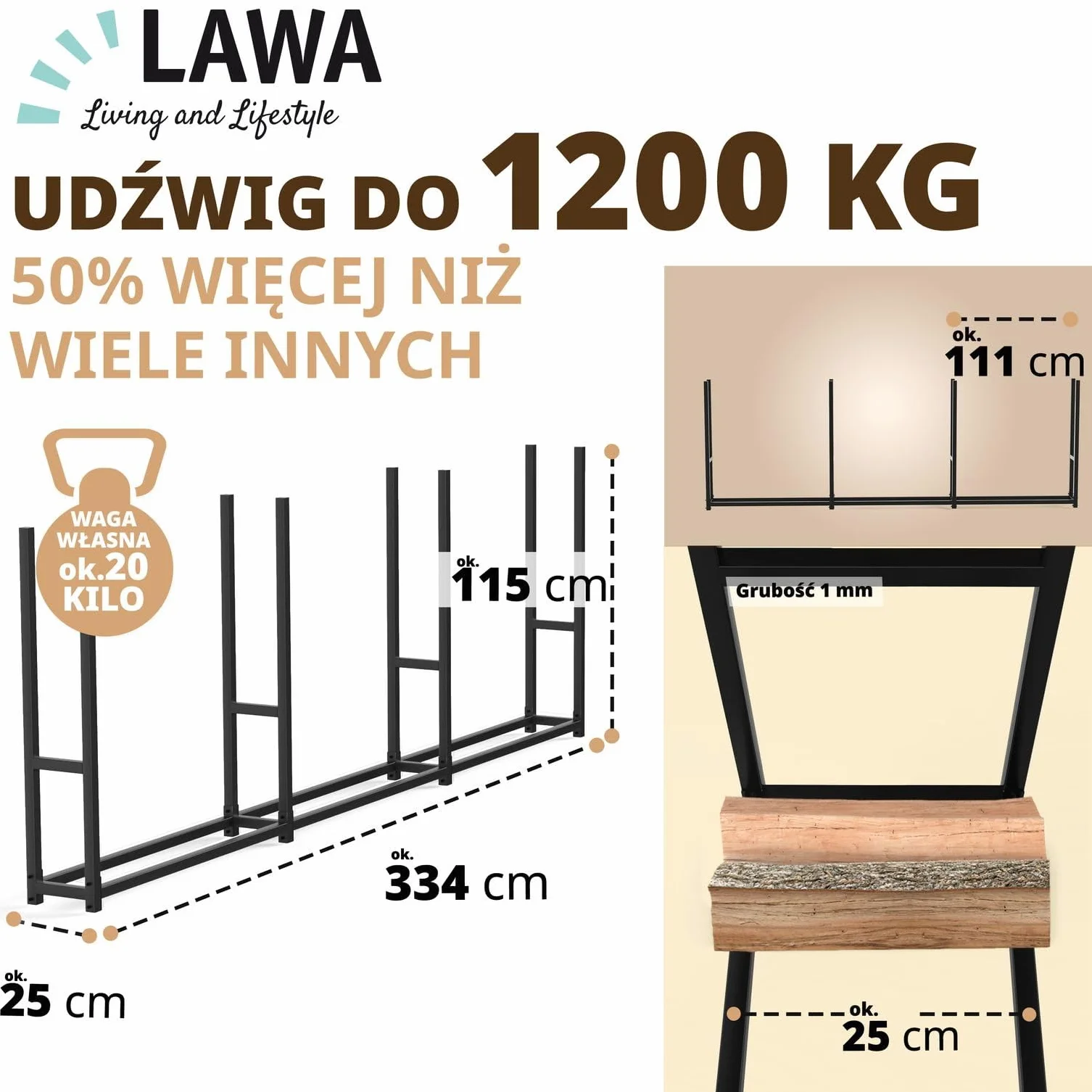 Regał na drewno opałowe, zewnętrzny, wąski, 25 cm, ocynkowany, 335 x 25 x 115 cm, metalowy regał na drewno opałowe, długość 25 cm i 33 cm, kolor czarny, XXL, stojak do