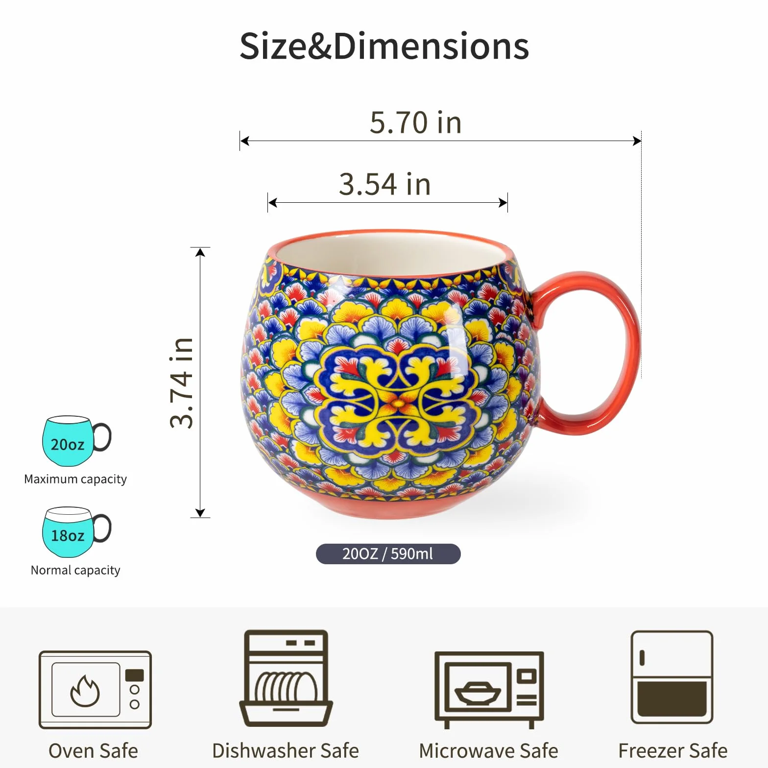 HENXFEN LEAD Zestaw filiżanek do cappuccino, 600 ml, porcelanowe filiżanki do kawy z uchwytem, 6 porcelanowych filiżanek do herbaty, kawy, mleka, cappuccino, z wzorem, kolorowe, styl boho