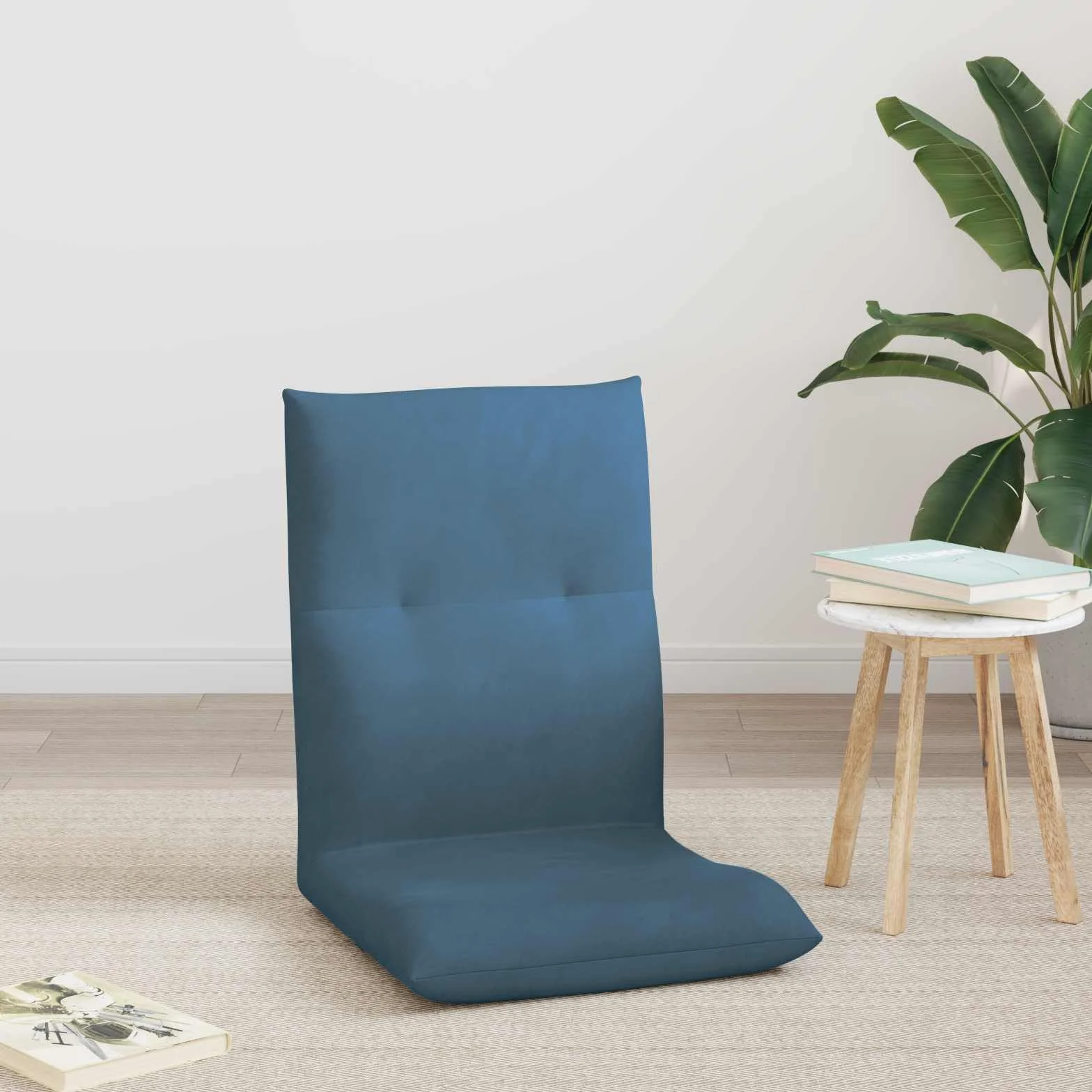 Krzesło podłogowe, niebieskie, aksamitne, 46 x 50 x 61 cm, składane i regulowane, z wyściełanym oparciem, ergonomiczne i nie zajmuje dużo miejsca do czytania, jogi, gier i biura