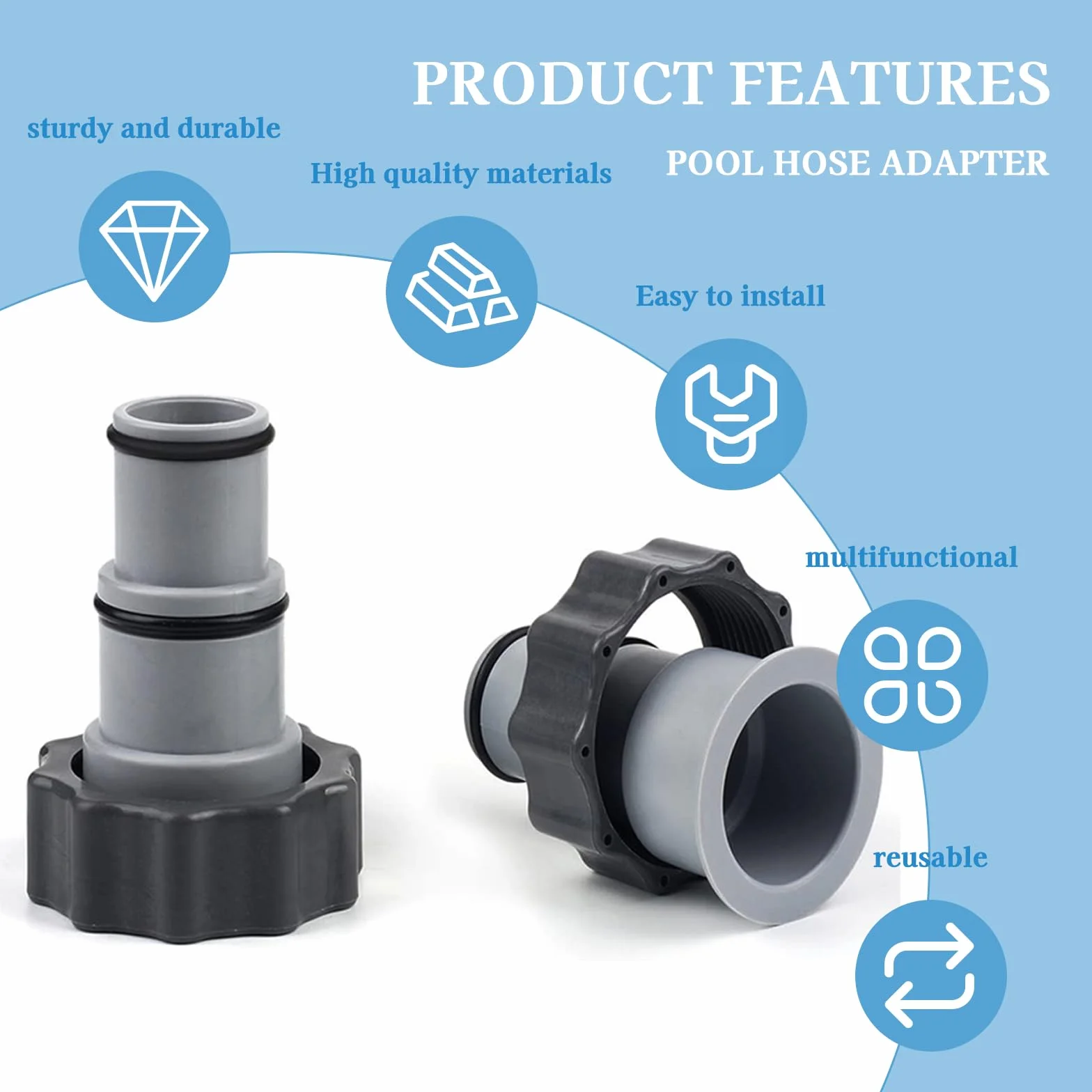 2 adaptery do węża basenowego, adapter do pompy, adapter basenowy, nadają się do bezpośredniego podłączenia węży basenowych od 32 mm do 38 mm, z złączkami montażowymi