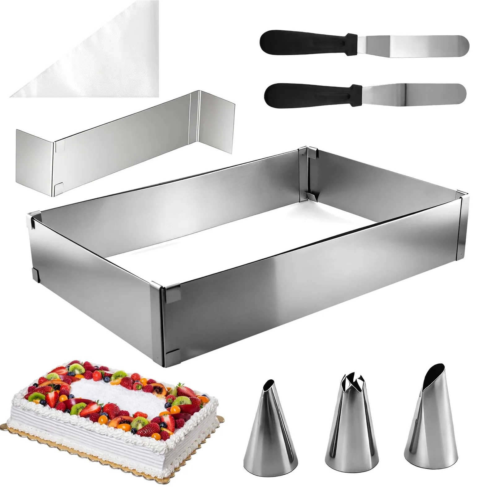 Regulowany prostokątny zestaw pierścionków do ciasta – rama do pieczenia ze stali nierdzewnej z podziałką, szpatułką, workiem do piping bag i dyszkami, sejf do mycia w zmywarce